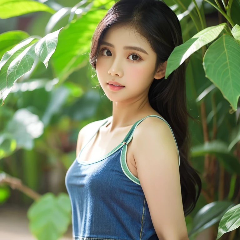 Buatkan gambar seorang wanita cantik sedang memakan sebuah apel di bawah pohon apel dengan berpakaian tanktop dan celana pendek dengan adanya tiupan angin sepoi-sepoi