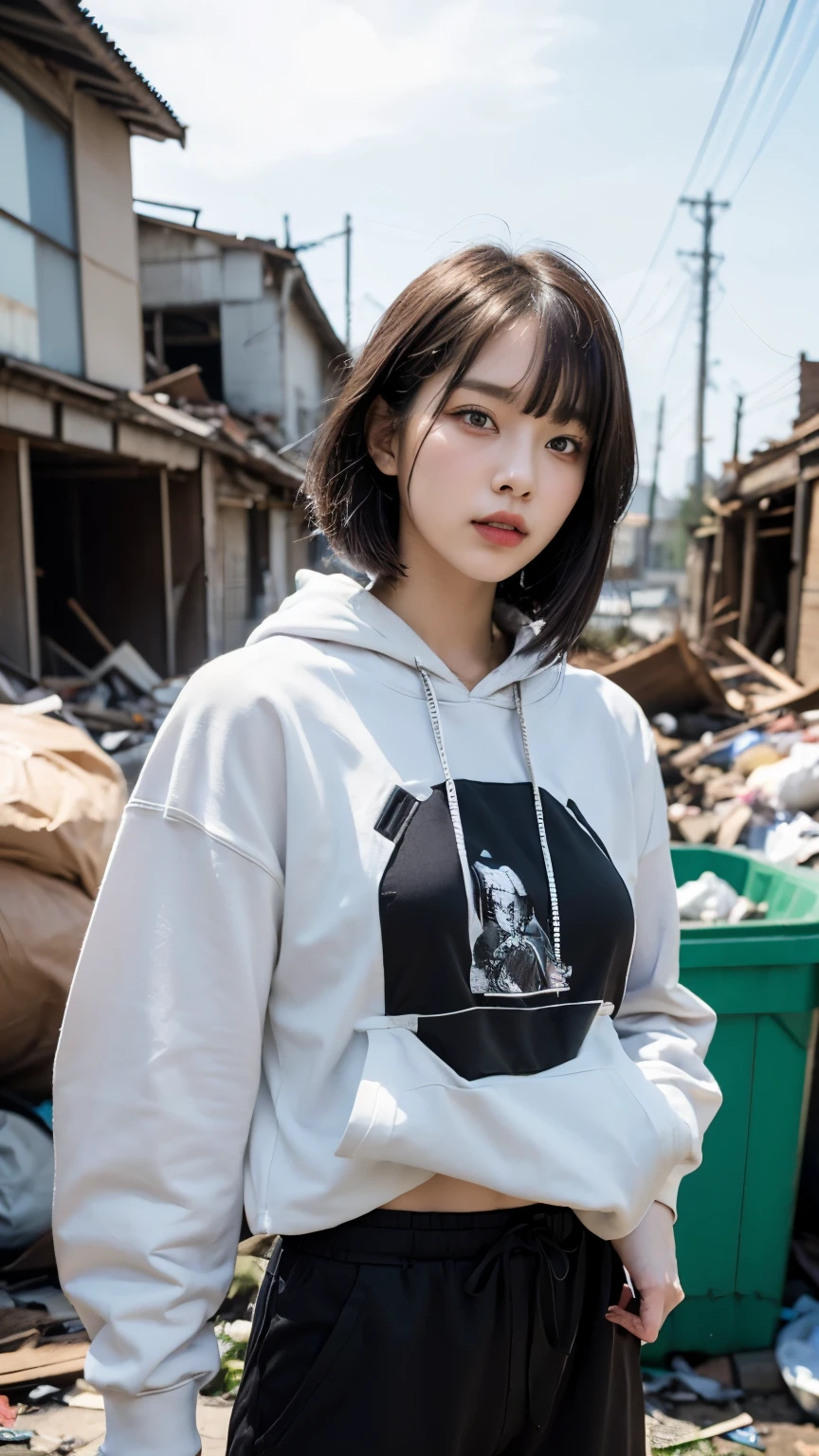 18-year-old,Korean women,(((Slums))),,((( in a destroyed city))),(((Frowning,カメラをGlaring))),((((Rubble pile))),Very fine eye, junk,(((Wearing a long black hoodie,Wearing baggy pants))),(((Collapsing Building))),(((old buildings))),((photograph)),((A woman near a garbage dump)),(((Fabric Shading))), (((highest quality))), (((masterpiece))) strong girl, ((((Realistic)))),,Black Hair, chic hairstyle, ((With bangs,Straight medium bob cut, nice hair)), Light makeup,Red eyes, (((I&#39;m not wearing lipstick))), (nice, strong), (((Strong night atmosphere))), Centered Images, Looking at the camera, Elegant colors,Realistic Skin,Realistic texture,８k,whole body,Pale skin, (((Dirty garbage dump))),A huge amount of trash,Red iris,Expressionless,Glaring,Perfect Face,(((Big eyes))),She is wearing wide black baggy pants,Mouth closed, portrait of aespaのウィンター,She is wearing black streetwear, Woman in black streetwear, 黒いハイテクな服を着た女性のphotograph, Girl wearing black hoodie, Cyberpunk Streetwear, Cyberpunk Streetwear street fashion e-girl,