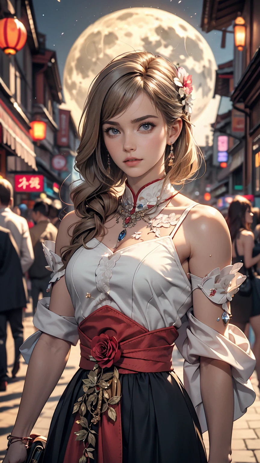 masterpiece, Highest, night, full moon, 1 female, Mature Woman, Chinese style, ancient China, sister, Royal Sister, Cold Face, Expressionless, A woman with long silvery white hair, Pale pink lips, Calm, intellectual, Three belts, Gray Hitomi, Assassin, dagger, Flower ball background, Street view