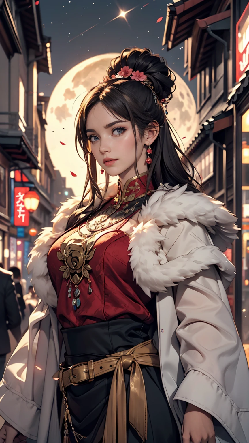 masterpiece, Highest, night, full moon, 1 female, Mature Woman, Chinese style, ancient China, sister, Royal Sister, Cold Face, Expressionless, A woman with long silvery white hair, Pale pink lips, Calm, intellectual, Three belts, Gray Hitomi, Assassin, dagger, Flower ball background, Street view