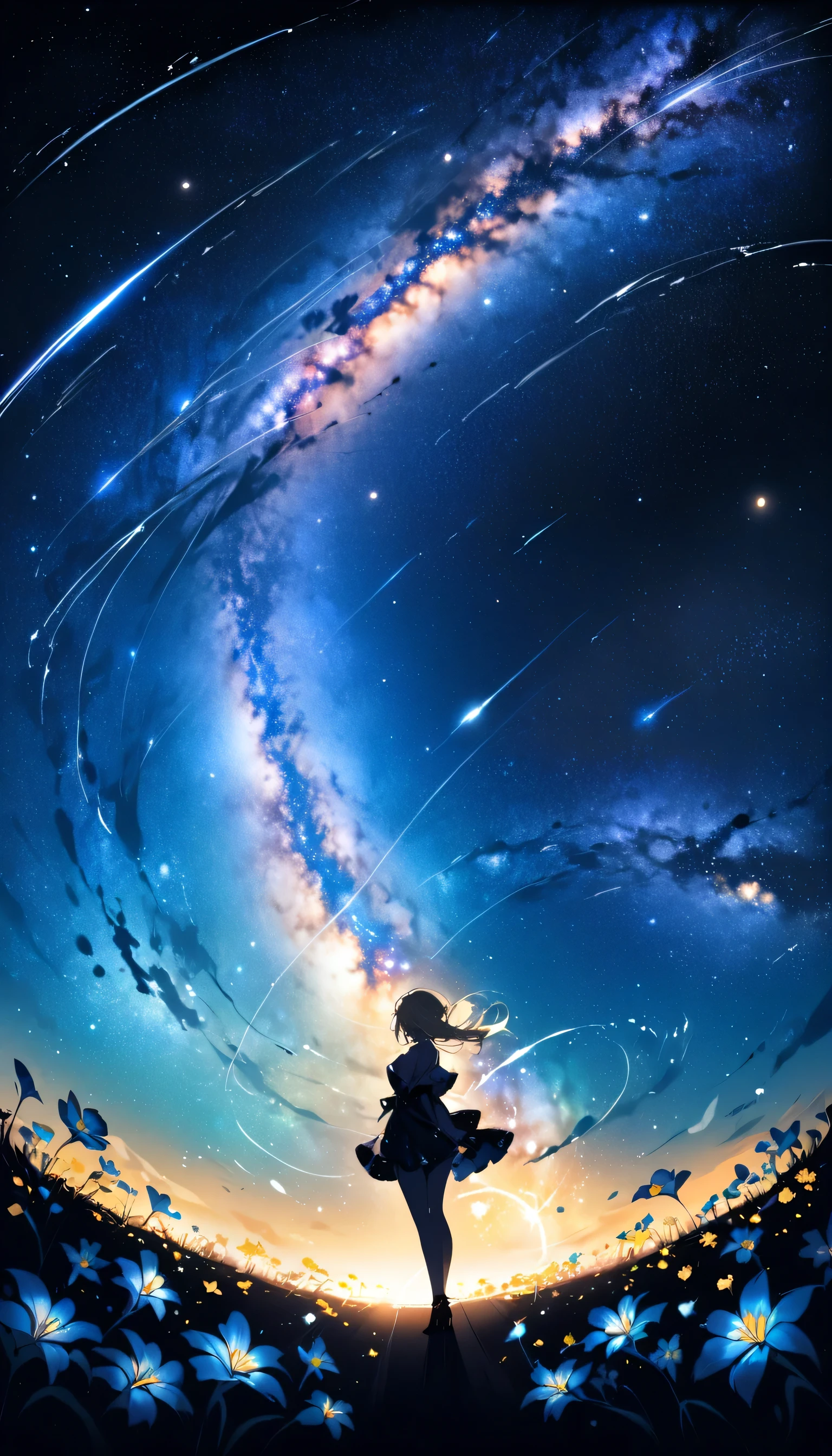 (highest quality、masterpiece)、One girl、Full Body Shot、Pause、particle、Wind、flower、blonde、Milky Way、5mStanding ahead、