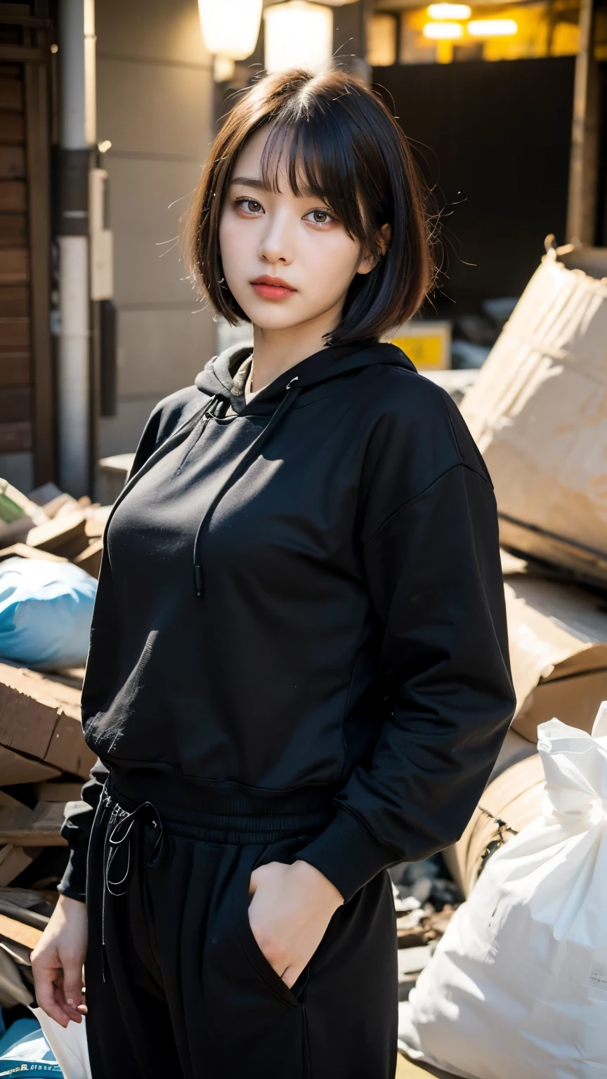 18-year-old,Korean women,(((Slums))),,((( in a destroyed city))),(((Frowning,カメラをGlaring))),((((Rubble pile))),Very fine eye, junk,(((Wearing a long black hoodie,Wearing baggy pants))),(((Collapsing Building))),(((old buildings))),((photograph)),((A woman near a garbage dump)),(((Fabric Shading))), (((highest quality))), (((masterpiece))) strong girl, ((((Realistic)))),,Black Hair, chic hairstyle, ((With bangs,Straight medium bob cut, nice hair)), Light makeup,Red eyes, (((I&#39;m not wearing lipstick))), (nice, strong), (((Strong night atmosphere))), Centered Images, Looking at the camera, Elegant colors,Realistic Skin,Realistic texture,８k,whole body,Pale skin, (((Dirty garbage dump))),A huge amount of trash,Red iris,Expressionless,Glaring,Perfect Face,(((Big eyes))),She is wearing wide black baggy pants,Mouth closed, portrait of aespaのウィンター,She is wearing black streetwear, Woman in black streetwear, 黒いハイテクな服を着た女性のphotograph, Girl wearing black hoodie, Cyberpunk Streetwear, Cyberpunk Streetwear street fashion e-girl,