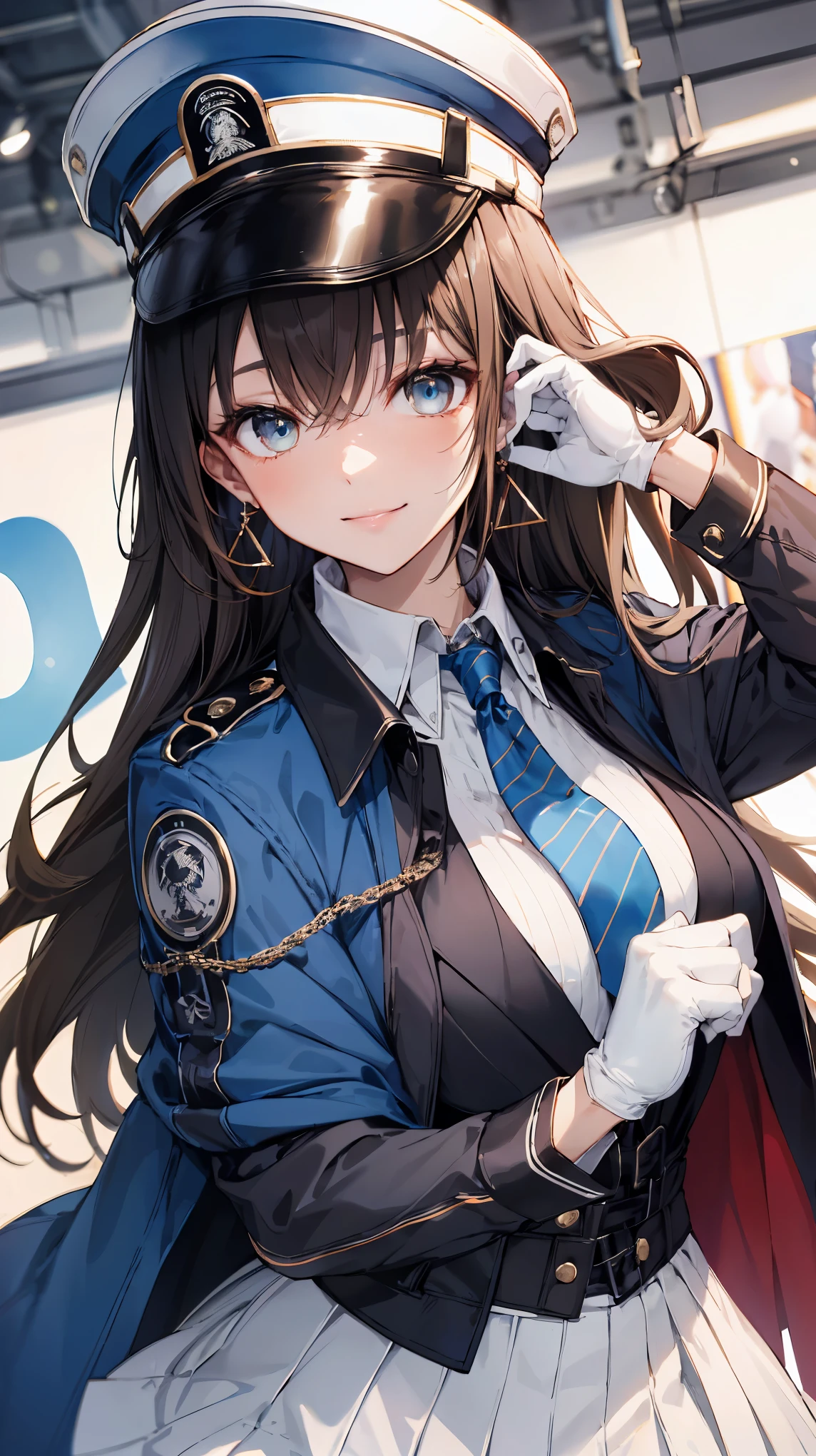 earrings, jewelry, jacket on shoulders, white shirt, collared shirt, striped, blue necktie, white gloves, white skirt, blue headwear, peaked cap,seductive smile,masterpiece,Noise Reduction,perfect anatomy,high resolution, ultra-detailed,game cg,dutch angle ,beautiful detailed eyes,visualart,five fingers, perfect hands, perfect lighting,