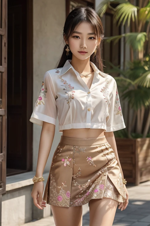 An Asian Girl, 20 years old, extremely beautiful and graceful, fashion dress 2024, Wear beautiful and expensive jewelry, Thin shirt and stylish floral embroidery, ultra-short skirt, Small and lovely body, 8k quality, Super Definition, super detailed, Bright sunlight shines on the girl&#39;s body.