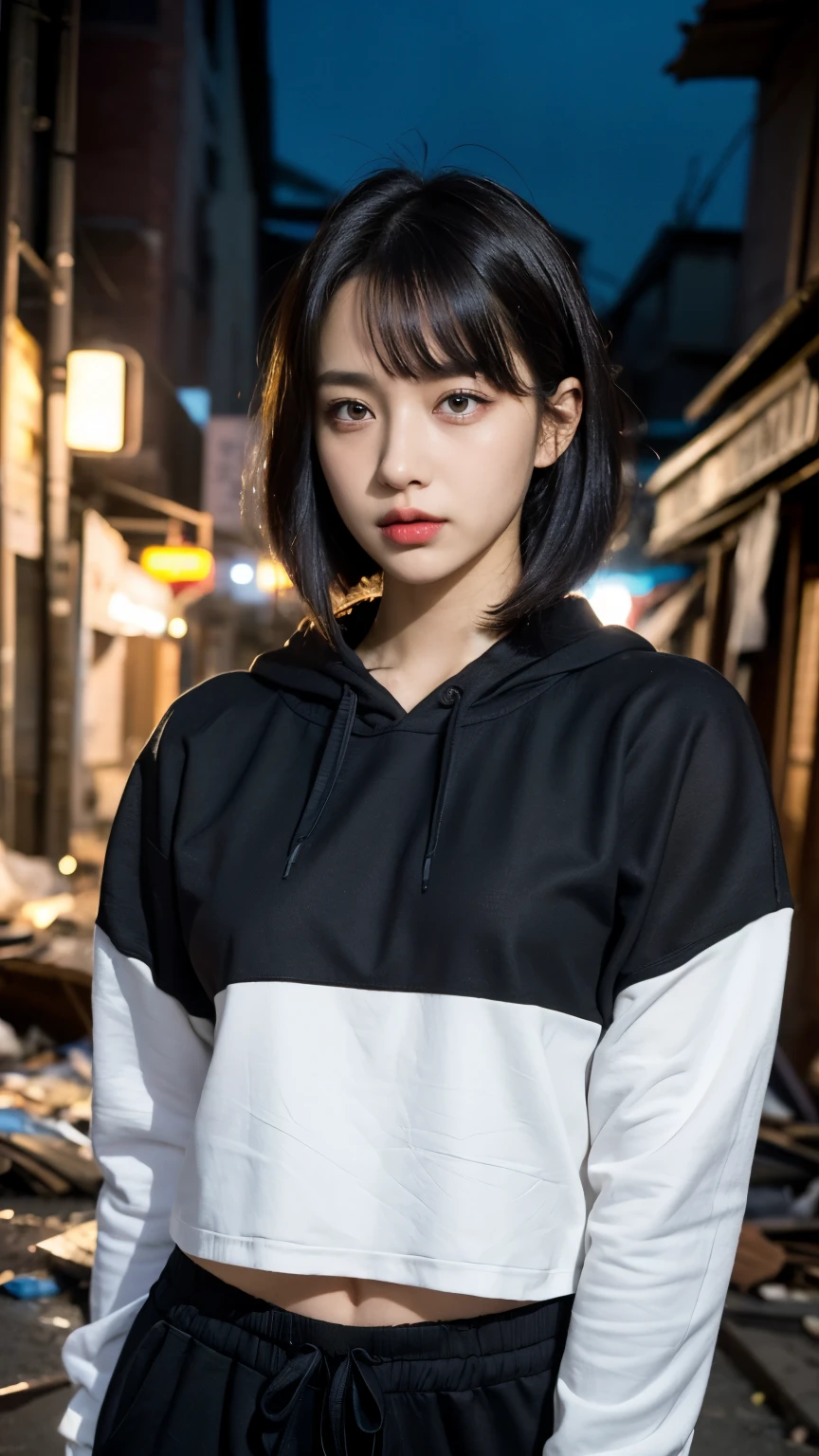 18-year-old,Korean women,(((Slums))),,((( in a destroyed city))),(((Frowning,カメラをGlaring))),((((Rubble pile))),Very fine eye, junk,(((Wearing a long black hoodie,Wearing baggy pants))),(((Collapsing Building))),(((old buildings))),((photograph)),((A woman near a garbage dump)),(((Fabric Shading))), (((highest quality))), (((masterpiece))) strong girl, ((((Realistic)))),,Black Hair, chic hairstyle, ((With bangs,Straight medium bob cut, nice hair)), Light makeup,Red eyes, (((I&#39;m not wearing lipstick))), (nice, strong), (((Strong night atmosphere))), Centered Images, Looking at the camera, Elegant colors,Realistic Skin,Realistic texture,８k,whole body,Pale skin, (((Dirty garbage dump))),A huge amount of trash,Red iris,Expressionless,Glaring,Perfect Face,(((Big eyes))),She is wearing wide black baggy pants,Mouth closed, portrait of aespaのウィンター,She is wearing black streetwear, Woman in black streetwear, 黒いハイテクな服を着た女性のphotograph, Girl wearing black hoodie, Cyberpunk Streetwear, Cyberpunk Streetwear street fashion e-girl,