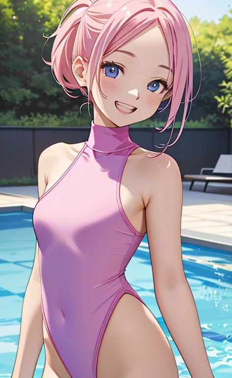 (masterpiece:1.4、top-quality、illustration:1.4,realistic、)、(character focus、breast focus,upper body:1.3)、(1girl),(Open mouth happy grin:1.3),(half closed eyes),cute face,blue eyes、()、
,(stand:1.4),(Shining smile),
,(slender),(turtleneck holder pink gradient swimsuit:1.3),(long pink hair:1.6,forehead:1.3), (small breasts:1.3)、
、slender、pool,、