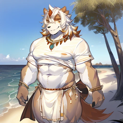 hi res, anthro, ((((long loincloth)))), ((((lingerie speedo, sexy bikini, side-tie panties, tiny black thong)))), ((((male, muscular, muscular anthro, muscular male, )))), medium breasts, tail, outside, plant, sea, solo, tree, (water), detailed background,by milkytiger1145,by takemoto arashi,by null-ghost, cold atmosphere, smile, ((((((muscular thighs, thick thighs, thick calves, wide hips, curvy figure, voluptuous figure, \hourglass \figure, f\emb\oy body, female body)))))), (hung (arknights)) , (((((golden accessory, loincloth accessory, loincloth jewelry, jewels and ornaments for loincloth, sexy loincloth, belly dancer outfit, long pelvic curtain, golden loincloth))))), (((((((wearing white tshirts))))))), ((((white tshirts)))), (((((((wearing white tshirts))))))), ((((white tshirts))))