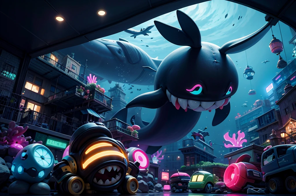 splatoon kids are fighting a giant killer whale monster,very fun,using various gadgets,colorful,deepsea,beautiful lighting, volumetric lighting, dynamic pose, sharp,