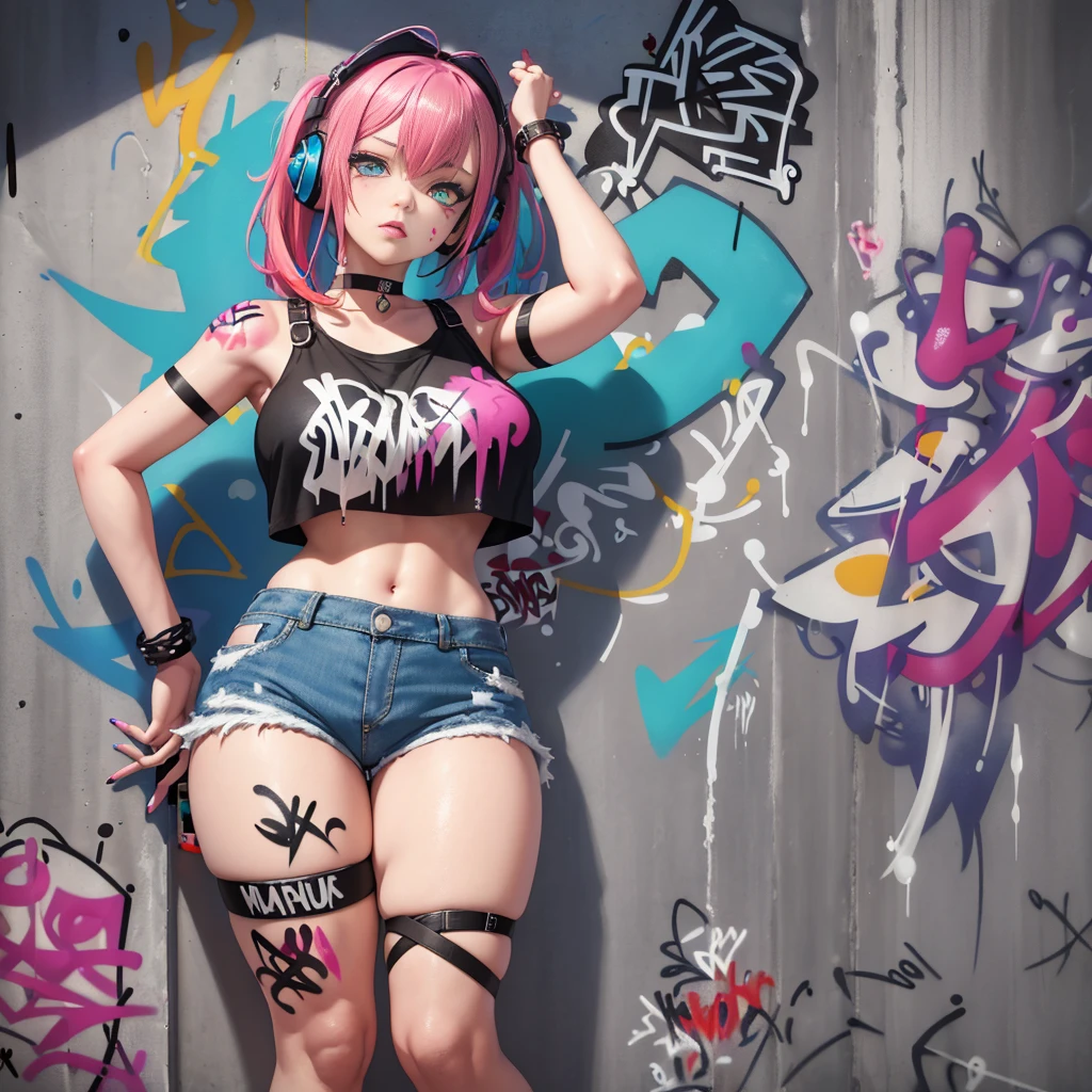 masterpiece, best quality, voluptuous 1girl, solo, crop top, denim shorts, choker, (graffiti:1.5), paint splatter, arms behind back, against wall, looking at viewer, armband, thigh strap, paint on body, head tilt, bored, multicolored hair, aqua eyes, headset,