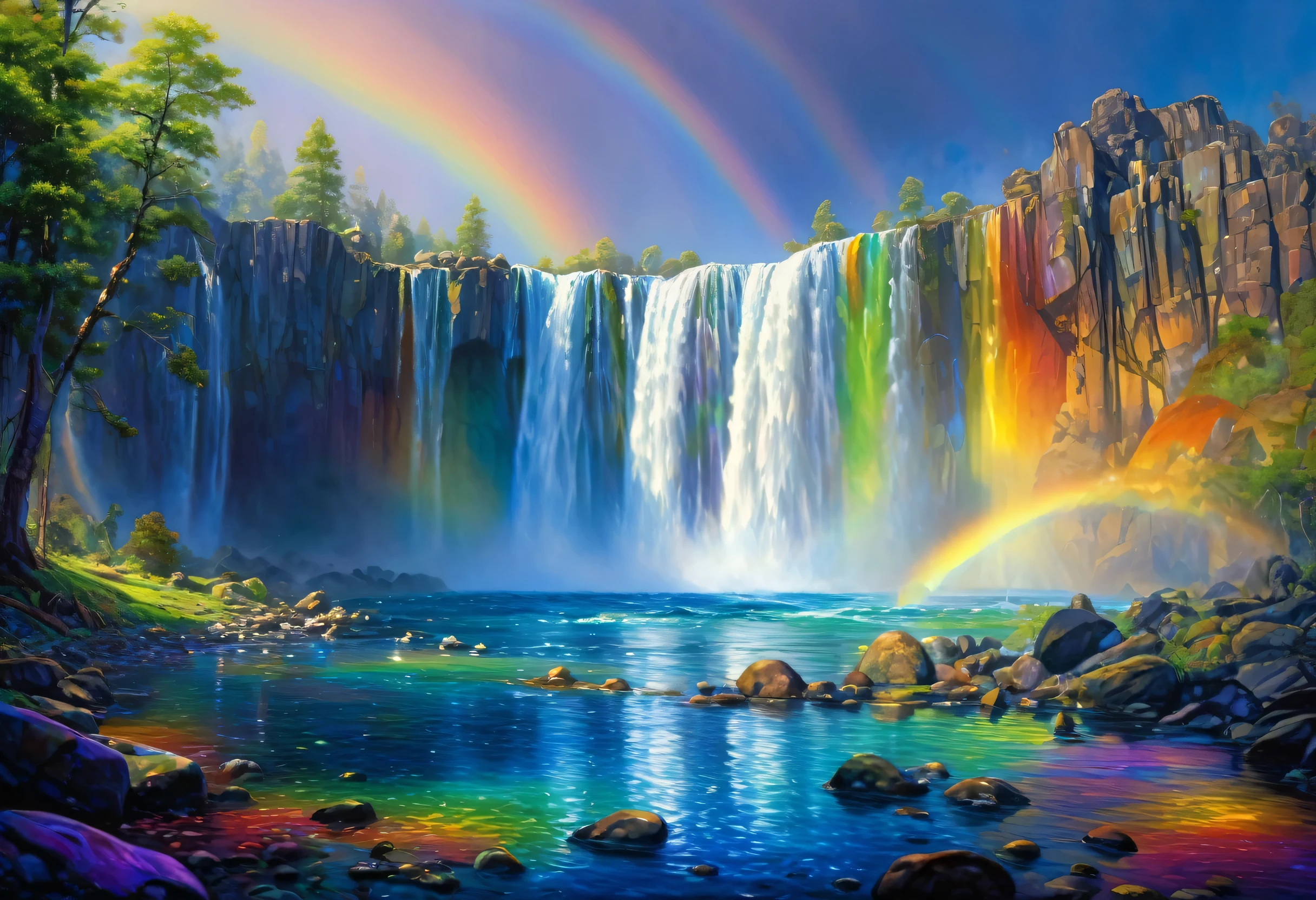 Rainbow waterfall painting with rocks and water in the foreground, Tim White inspired airbrush paintings, tumbler, Fantasy art, Complex rainbow environment, You were wrong, Similar to Bifrost, Magical colors and atmosphere, Fantasy Naihong, Magical colors and atmosphere, Magical World. colorful, rainbow reflections, rainbow reflection, rainbow aurora, Just one rainbow 8 K
