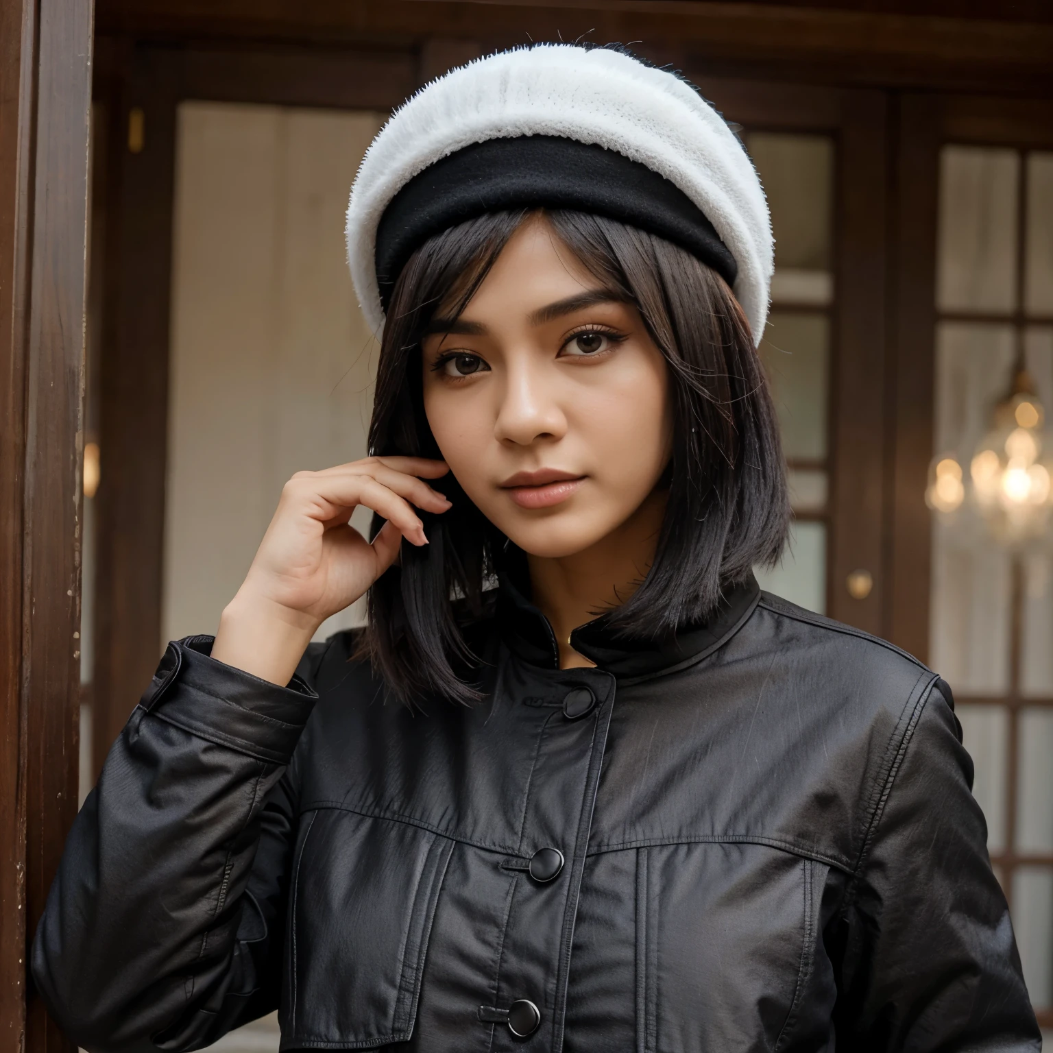 Pria Dengan Rambut berwarna putih yang mengenakan topi Russia musim salju dan mengenakan jacket hitam musim salju dan memakai aksesoris perban putih Dimata