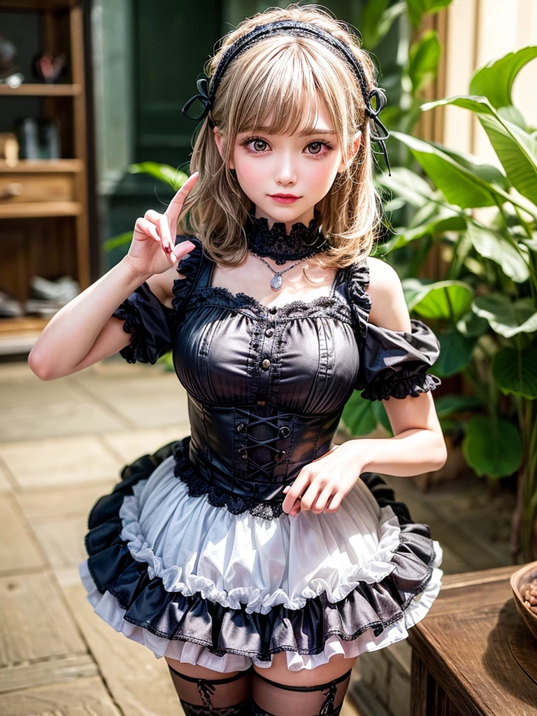 (8K, Photorealistic, Raw photo, of the highest quality: 1.3), (1girl in), Super beautiful, (Realistic face), (boyish, Silver Color Berry Shorthair), Beautiful , Glare that captivates the viewer, Beautiful expression, Beautiful breasts, (Realistic skin), Be...Super high quality, super high definition, super detailed, masterpiece, 20years old, female, cute, perfect face, beautiful, nice body, gothic lolita clothes, gothic lolita fashion, frilly skirt, headdress, necklace, bracelet, knee-high socks, boots, double eyelids, tear bags, Detailed down to the fingers, photo-like description, indoors, dim indoor lighting, blonde hair, short bob, standing sexy posing, whole body, composition that shows the whole body, smiling