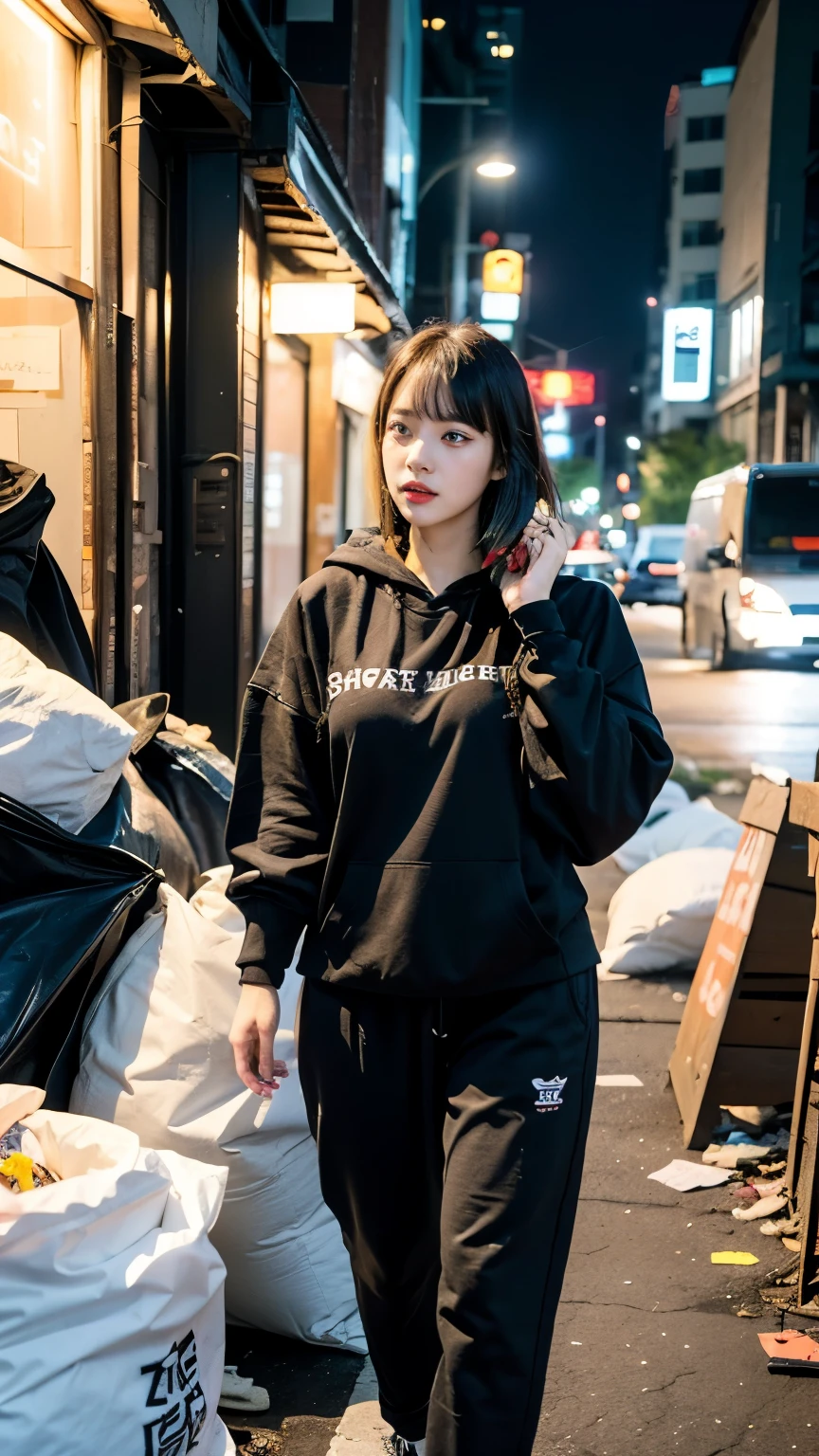 18-year-old,Korean women,(((Slums))),,((( in a destroyed city))),(((Frowning,カメラをGlaring))),((((Rubble pile))),After the disaster,Very fine eye, junk,(((Wearing a long black hoodie,Wearing baggy pants))),(((Collapsing Building))),(((old buildings))),((photograph)),((A woman near a garbage dump)),(((Fabric Shading))), (((highest quality))), (((masterpiece))) strong girl, ((((Realistic)))),,Black Hair, chic hairstyle, ((With bangs,Straight medium bob cut, nice hair)), Light makeup,Red eyes, (((I&#39;m not wearing lipstick))), (nice, strong), (((Strong night atmosphere))), Centered Images, Looking at the camera, Elegant colors,Realistic Skin,Realistic texture,８k,whole body,Pale skin, (((Dirty garbage dump))),A huge amount of trash,Red iris,Expressionless,Glaring,Perfect Face,(((Big eyes))),She is wearing wide black baggy pants,Mouth closed, portrait of aespaのウィンター,She is wearing black streetwear, Woman in black streetwear, 黒いハイテクな服を着た女性のphotograph, Girl wearing black hoodie, Cyberpunk Streetwear, Cyberpunk Streetwear street fashion e-girl,