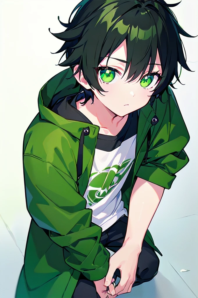 [(WHITE BACKGROUND:1.5),::5], ((((masterpiece)))), high quality, ultra_very_high_resolution, large_filesize, (green base), full color, ((solo)), ((**********)), (((black short hair))), green eyes, anime, neon light, black parka,