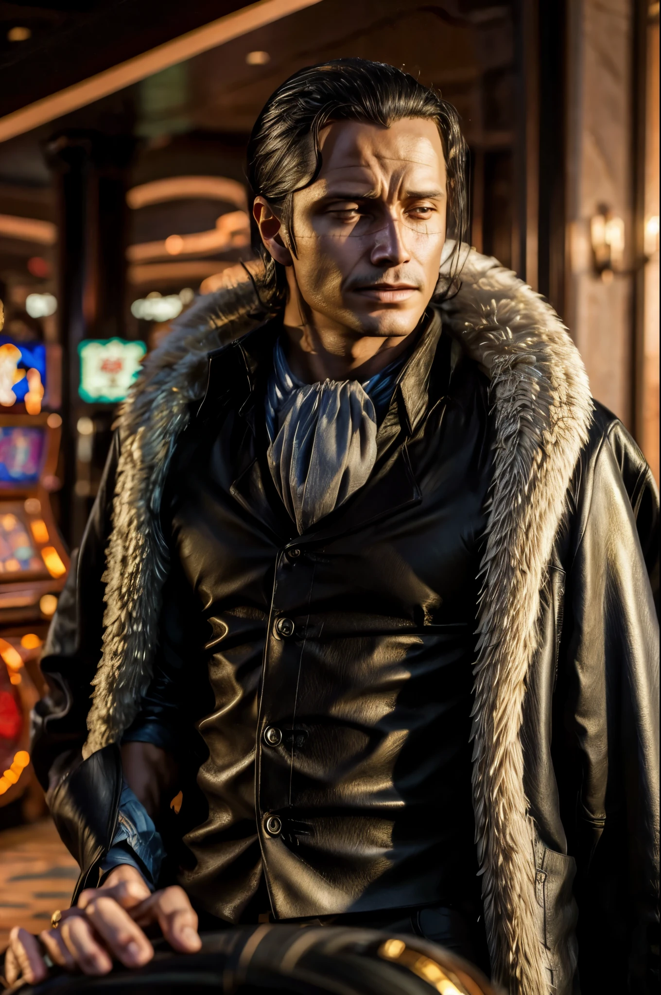 masterpiece, best quality, extremely detailed, hyperrealistic, photorealistic, a cool 40s man, ultra detailed face:1.2, fur-trimmed coat, scarf around the neck, his left hand is a golden pirate hook:1.1, detailed casino, roulette, blackjack, stacked chips, dynamic pose