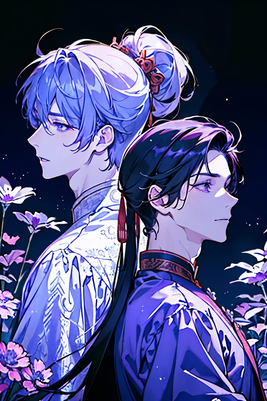 ((Two boys around 16 years old)),(Ancient Chinese style war god-like light purple costume),((dragon rising towards the sky)),((long hair:1.35)),ponytail,smile,Fantasy,(Demonic and mysterious atmosphere background),((Back to Back)),(There are lots of flowers),(Close-up of face:1.25)