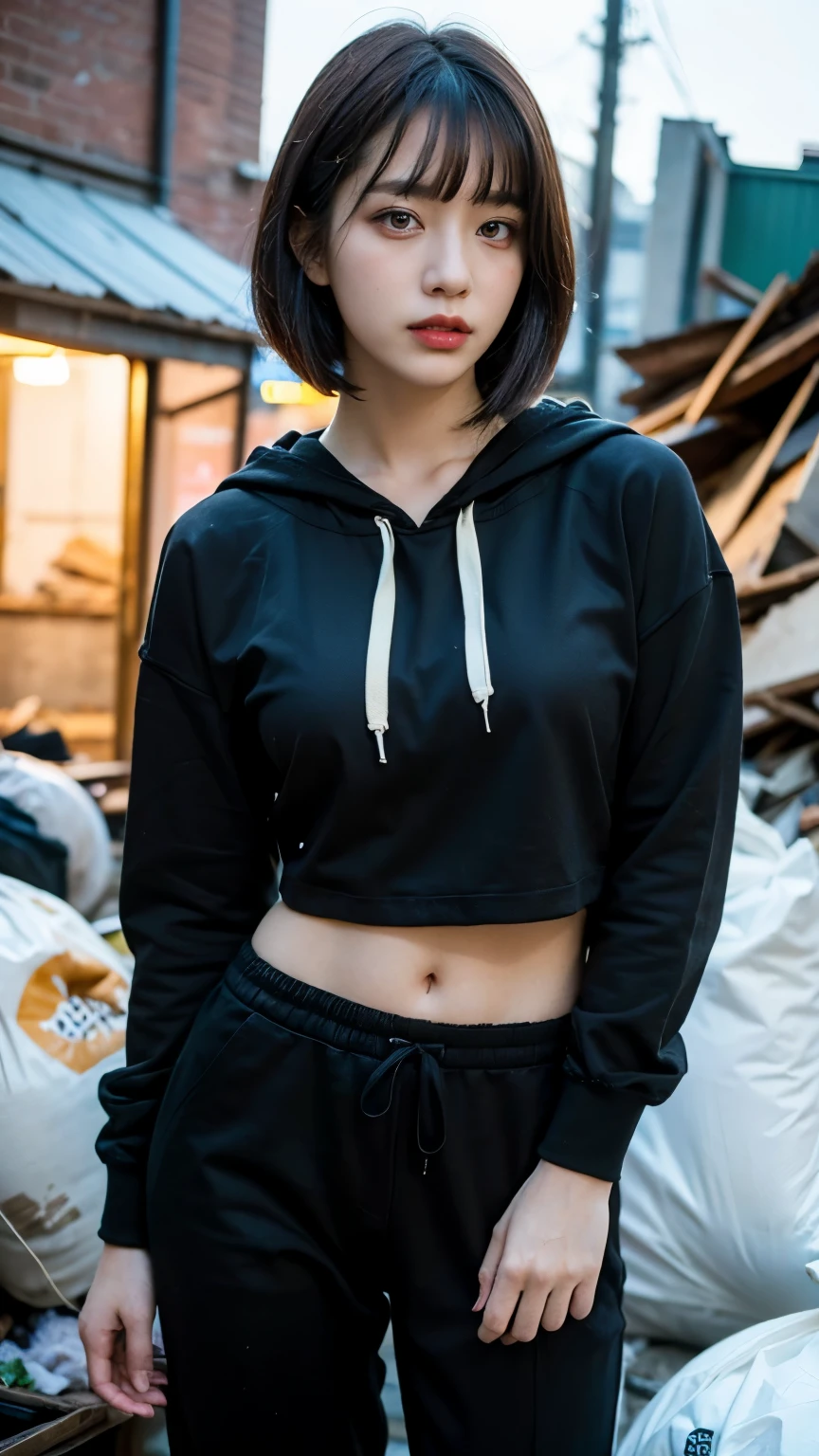 18-year-old,Homeless,Korean women,(((Slums))),,((( in a destroyed city))),(((Frowning,カメラをGlaring))),((((Rubble pile))),After the disaster,Very fine eye, junk,((In front of the barrack tent)),refuge,(((Wearing a long black hoodie,Wearing baggy pants))),(((Collapsing Building))),(((old buildings))),((photograph)),((A woman near a garbage dump)),(((Fabric Shading))), (((highest quality))), (((masterpiece))) strong girl, ((((Realistic)))),,Black Hair, chic hairstyle, ((With bangs,Straight medium bob cut, nice hair)), Light makeup,Red eyes, (((I&#39;m not wearing lipstick))), (nice, strong), (((Strong night atmosphere))), Centered Images, Looking at the camera, Elegant colors,Realistic Skin,Realistic texture,８k,whole body,Pale skin, (((Dirty garbage dump))),A huge amount of trash,Red iris,Expressionless,Glaring,Perfect Face,(((Big eyes))),She is wearing wide black baggy pants,Mouth closed, portrait of aespaのウィンター,She is wearing black streetwear, Woman in black streetwear, 黒いハイテクな服を着た女性のphotograph, Girl wearing black hoodie, Cyberpunk Streetwear, Cyberpunk Streetwear street fashion e-girl,