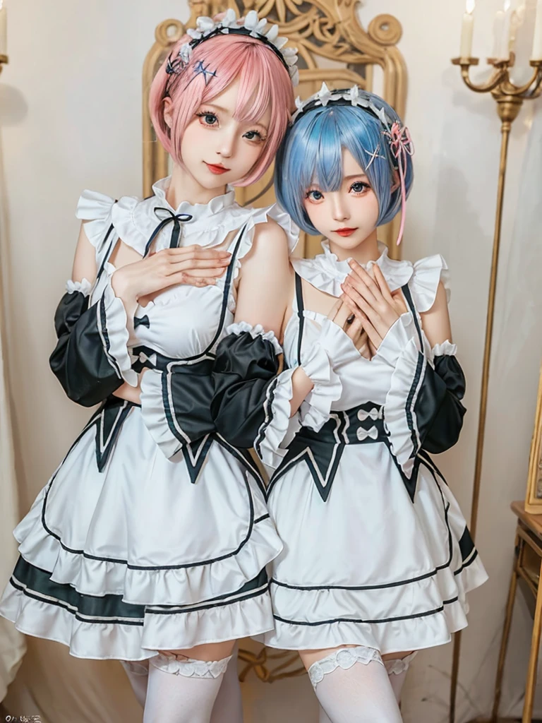 (8K, Photorealistic, Raw photo, of the highest quality: 1.3), (1girl in), Super beautiful, (Realistic face), (boyish, pink Color Berry Shorthair), Beautiful , Glare that captivates the viewer, Beautiful expression, Beautiful breasts, (Realistic skin), Be...Create a detailed and colorful image of Ram and Rem from Re:Zero, standing back-to-back in their maid outfits, with a magical fantasy background、14years old, two girls,cute, perfect face, beautiful, nice body, gothic lolita clothes, gothic lolita fashion, frilly skirt, headdress, necklace, bracelet, knee-high socks, boots, double eyelids, tear bags, Detailed down to the fingers, photo-like description, indoors, dim indoor lighting, one girl is pink hair and short bob, another girl is light blue hair and short bob,standing, sexy posing,whole body, composition that shows the whole body, smiling,The Both of them are wearing the same type of maid outfit,Optimal ratio of 4 fingers and 1 thumb