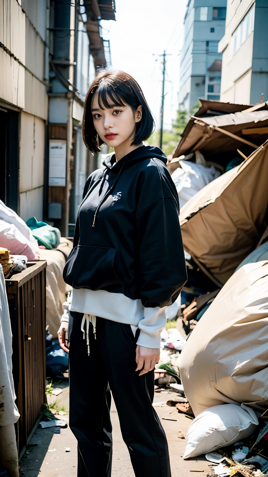 18-year-old,Homeless,Korean women,(((Slums))),,((( in a destroyed city))),(((Frowning,カメラをGlaring))),((((Rubble pile))),After the disaster,Very fine eye, junk,((In front of the barrack tent)),refuge,(((Wearing a long black hoodie,Wearing baggy pants))),(((Collapsing Building))),(((old buildings))),((photograph)),((A woman near a garbage dump)),(((Fabric Shading))), (((highest quality))), (((masterpiece))) strong girl, ((((Realistic)))),,Black Hair, chic hairstyle, ((With bangs,Straight medium bob cut, nice hair)), Light makeup,Red eyes, (((I&#39;m not wearing lipstick))), (nice, strong), (((Strong night atmosphere))), Centered Images, Looking at the camera, Elegant colors,Realistic Skin,Realistic texture,８k,whole body,Pale skin, (((Dirty garbage dump))),A huge amount of trash,Red iris,Expressionless,Glaring,Perfect Face,(((Big eyes))),She is wearing wide black baggy pants,Mouth closed, portrait of aespaのウィンター,She is wearing black streetwear, Woman in black streetwear, 黒いハイテクな服を着た女性のphotograph, Girl wearing black hoodie, Cyberpunk Streetwear, Cyberpunk Streetwear street fashion e-girl,