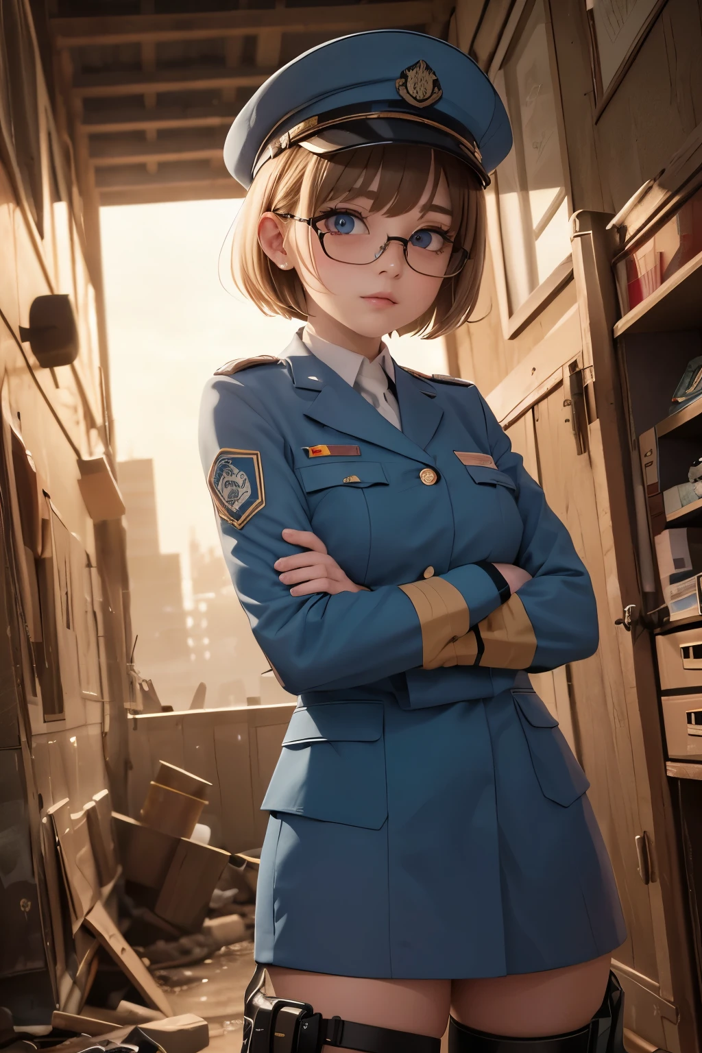 Wide angle, a pretty girl messenger, wearing large glasses, undercut hair, wearing postal uniform, in a post-apocalyptic world
