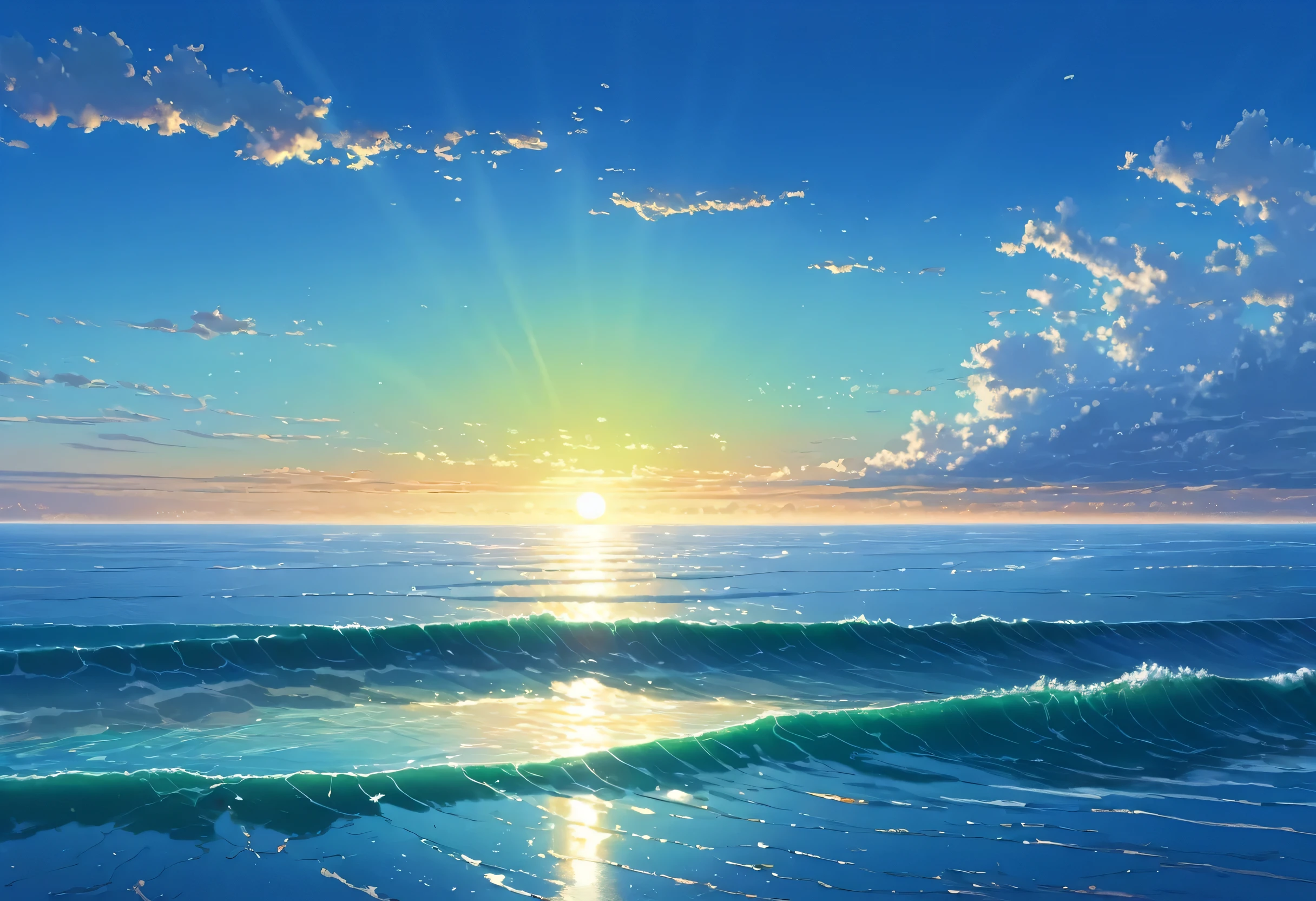 Painting of a sunset over the ocean with a ship in the distance, Beautiful sea, blue sea. by makoto shinkai, Rad!!!, Bright Sea, Rad!, Xin Haicheng, Studio Greeble Xin Haicheng, by makoto shinkai, by makoto shinkai, Sea view, ( ( makoto shinkai ) ), Soaring Waves