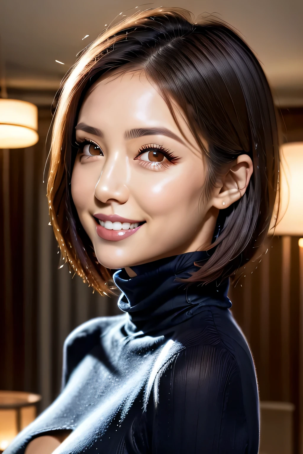 (8k, RAW Photos, highest quality, masterpiece, Realistic, Photorealistic), (1 female), (Ultimate beauty), Highly detailed face, (Perfect Teeth), Beautiful Eyes, double eyelid, eyelash, smile, Lip details, brunette bob, The light shines on your face, Big Breasts, ((Turtleneck sweater)), ((upper body)), (background: Resort Hotel Lobby), ((Written boundary depth))