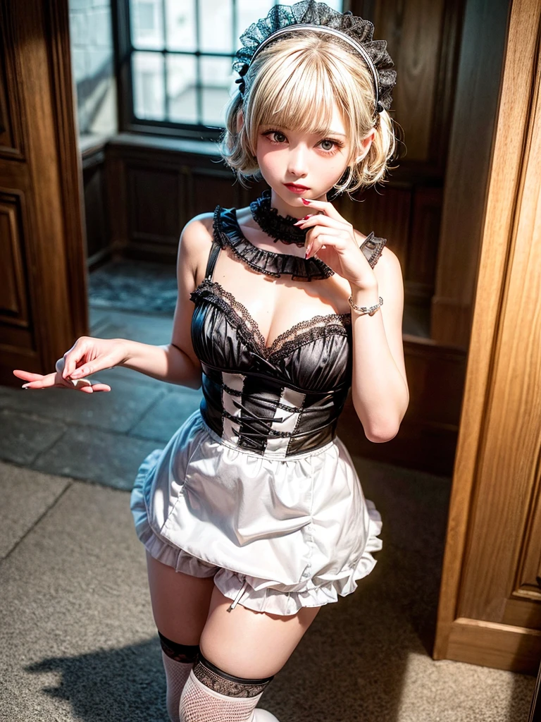 ass, gyaru, dark-skinned, shiny oiled skin, blond hair, wearing French maid costume with many fine frills, sunshine, cinematic lighting