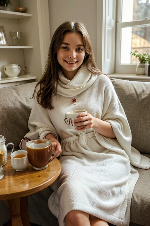 woman, 23 years old, cold, wrapped in a white wool blanket, drinks a hot, steaming tea. Sitting on the sofa, in front of her there is a small table where the herbal tea and some English biscuits are placed. Smiley face, realistic photo. Photo taken at 12 today, small cup of herbal tea