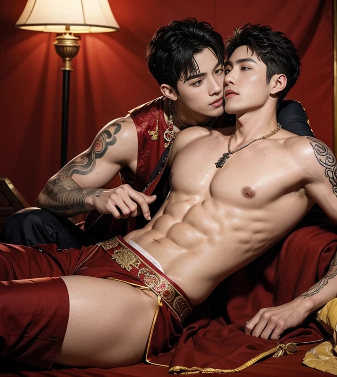 Two handsome boys kissing, smiling at each other,hugging, kissing, touching lips, cuddle, romantic,skin ship, Chinese Men God, Mythology, realistic, Chinese odyssy, super Handsome,manly, kpop idol, handsome korean actor, 20 years old,, detailed face, manly jawline, detailed mess curly styling hair, Topless, Muscles, big breast Athlete body, Full Frame,full body shoots, Sexy, realistic, human skin, tattoo breast, Professional studio Lighting, long red tibet wedding Outfit, jade and golden pendent all over , detailed jewery in dress, earings,Chinese ancient wedding Background,out door, super detailed background,look at camera , open mouth, thin Underneathe Underwear, tibet Warrior, Hanfu red wedding dress, tibet Male, tibet Nobel, Seduce , bare chest , tattoo chest, tattoo arms, tattoo hands, tattoo back, tattoo legs , tattoo belly, 
