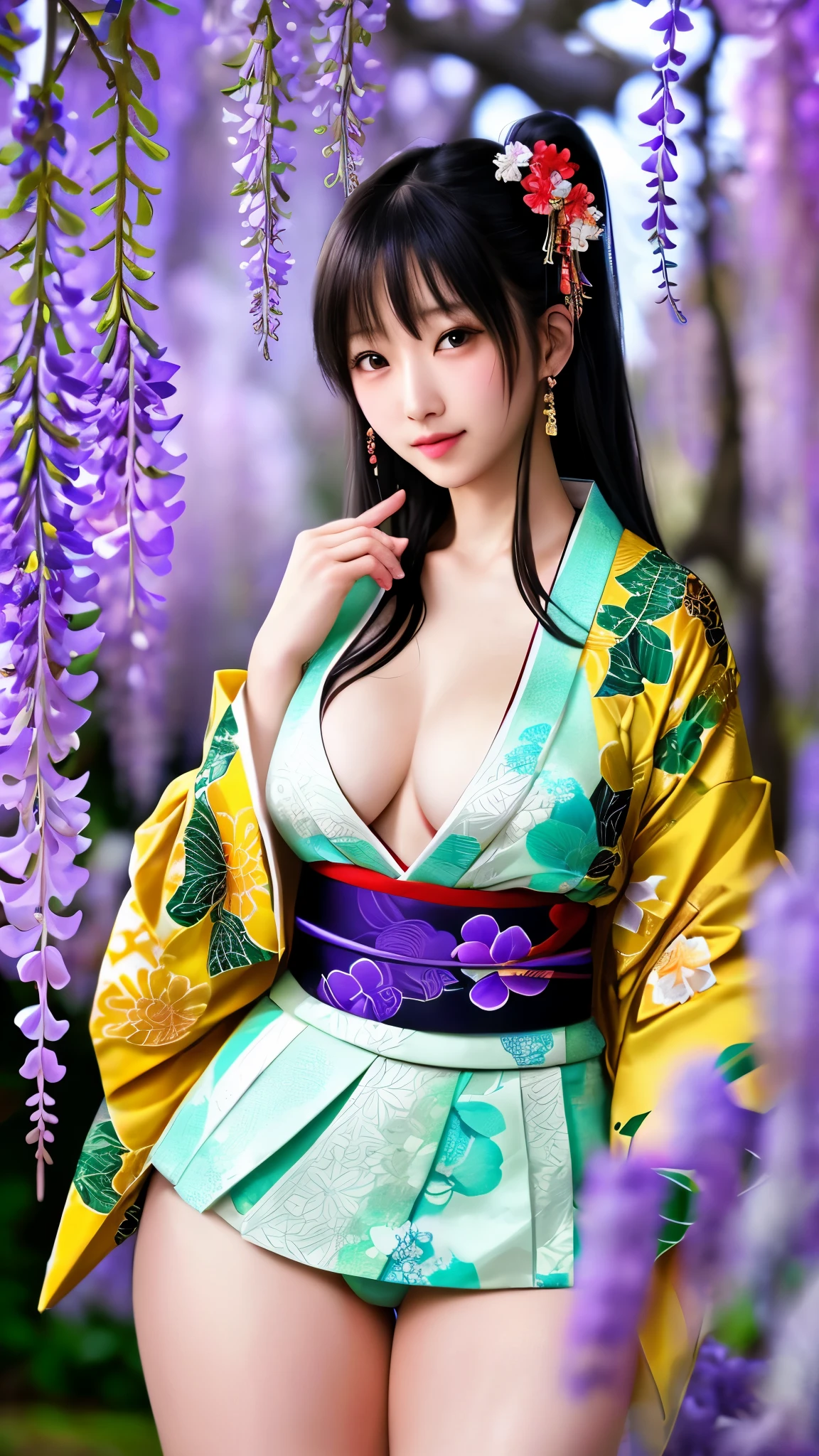 最high quality、high quality、Best image quality、8k、最High resolution、High resolution、最high quality、masterpiece、Detailed and realistic human body、Detailed and realistic skin、Realistic face in every detail、Realistic reproduction of every detail、Detailed and realistic lips、Detailed and realistic teeth、Detailed and realistic ears、Detailed and realistic hair、Detailed and realistic weapons、Realistic reproduction of every detail、Realistic fingers in every detail、(Beautiful Hands、thumb１reference４)、Realistic feet down to the last detail、((Beautiful Japanese Girl))、(Japanese Model), (Japanese women)、((18 year old beautiful girl))、(Black Hair)、(Random Hairstyles)、((whole body))、((Beautiful upward-facing breasts))、(Petite and slim body type)、(whole body光沢肌、Fair skin)、Soft natural light、Maiko-san、geisha、kimono、Long-sleeved kimono、yukata、Japanese tradition、Samurai Residence、Japanese garden、((Colorful floral pattern(丈が短いkimono))、((Under the wisteria tree(Poses to make your thighs look beautiful))