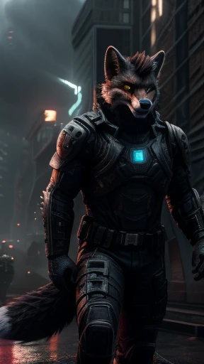 (best quality,3d render:1.2),urban warrior, fox face, muscular body, intense gaze, menacing presence, armored suit, high-tech weaponry, dystopian cityscape, atmospheric lighting, gritty and dark tones, smoky background, dynamic action pose, rugged and battle-worn, attention to fine details, realistic textures, fierce and powerful, captivating and awe-inspiring, cyberpunk aesthetic, epic and cinematic, intense shadows and highlights, futuristic elements, confident and determined expression, dominant and dominant, masterful illustration, vibrant and bold color lite lite smoke