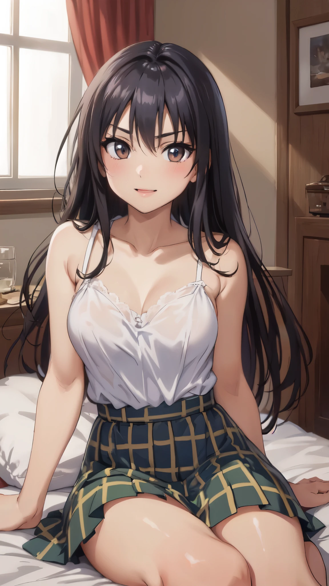 (masterpiece,Best image quality,highest quality:1.3),(8k:1.4), defYui,blush,Smile,************,(thin:1.3),(White lace camisole), Checked mini skirt, Big Breasts, Bright colors,(indoor, Bedroom;1.3), blue sky, Sitting on the bed,Embarrassing, Looking at the audience, Cowboy Shot, Tilt your head