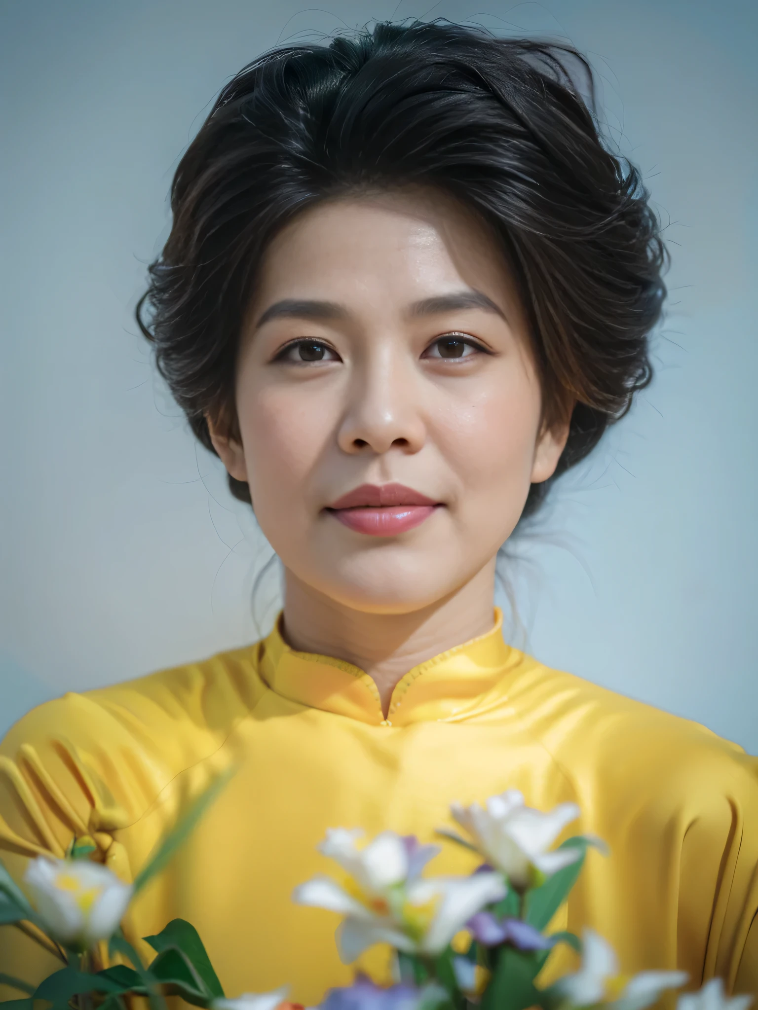 Highly realistic photo, ((masterpiece), (best quality), (raw photo), (photorealistic:1.4), Portrait of Vietnamese woman, (60 years old), ((black bouncy hair)), ((wearing light yellow aodai)), ((light blue background:1.4)) , photo taken by Sony A7IV