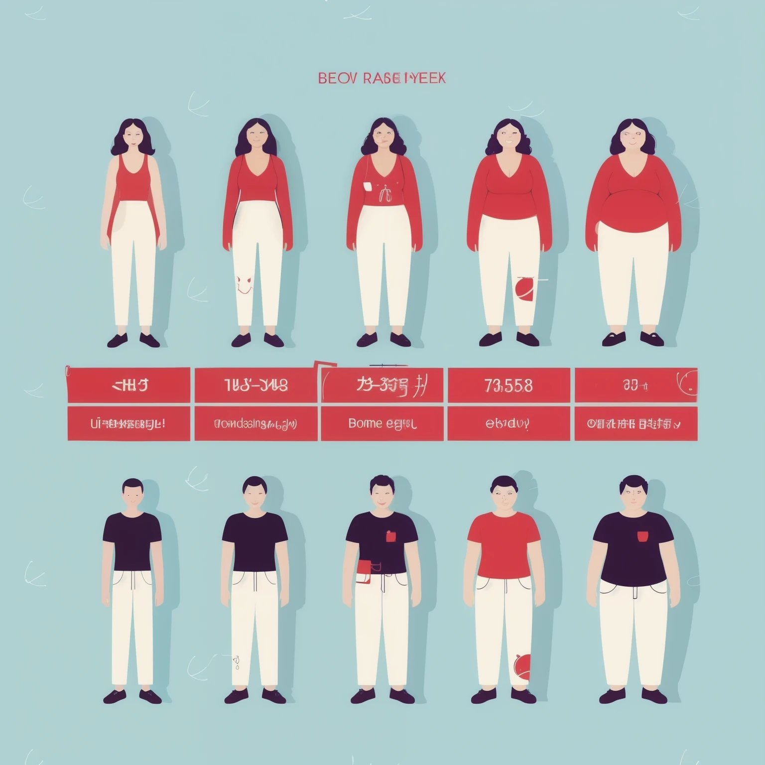 (high quality, ultra detailed:1.2), CG, women with varying degrees of obesity, flat illustration style, white background, red upper body, lower body, hidden figures and indices