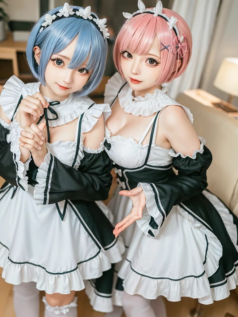 (8K, Photorealistic, Raw photo, of the highest quality: 1.3), (1girl in), Super beautiful, (Realistic face), (boyish, pink Color Berry Shorthair), Beautiful , Glare that captivates the viewer, Beautiful expression, Beautiful breasts, (Realistic skin), Be...Create a detailed and colorful image of Ram and Rem from Re:Zero, standing back-to-back in their maid outfits, with a magical fantasy background、14years old, two girls,cute, perfect face, beautiful, nice body, gothic lolita clothes, gothic lolita fashion, frilly skirt, headdress, necklace, bracelet, knee-high socks, boots, double eyelids, tear bags, Detailed down to the fingers, photo-like description, indoors, dim indoor lighting, one girl is pink hair and short bob, another girl is light blue hair and short bob,standing, sexy posing,whole body, composition that shows the whole body, smiling,The Both of them are wearing the same type of maid outfit,Optimal ratio of 4 fingers and 1 thumb