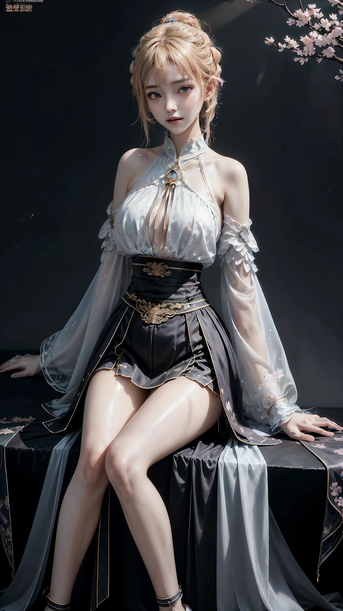 hanfu, (full body), ((Sitting)), ((Bare shoulders)), ((Very short skirt)), ((Showing off her sexy long legs)), (Surrealism), (illustration), (Resolution enhancement), (8k), (Very detailed), (Best illustration), (Beautiful and delicate eyes), (best quality), (Ultra Detailed), (masterpiece ), ( wallpaper), (Delicate face),A blonde, curls,(High top fade in and out:1.3), (Smile brightly, Bright appearance), dark theme, Soothing tone, Soft colors, High contrast, (Natural skin texture, Surrealism主义, Soft Light, impatient),Exposure Blending, Medium shot, Bokeh, High contrast, (Movie, Cyan and Orange:0.85), (Soft colors, fade, Soothing tone:1.3), High Saturation, (Ultra Detailed:1.2),(Large Breasts :1.2)