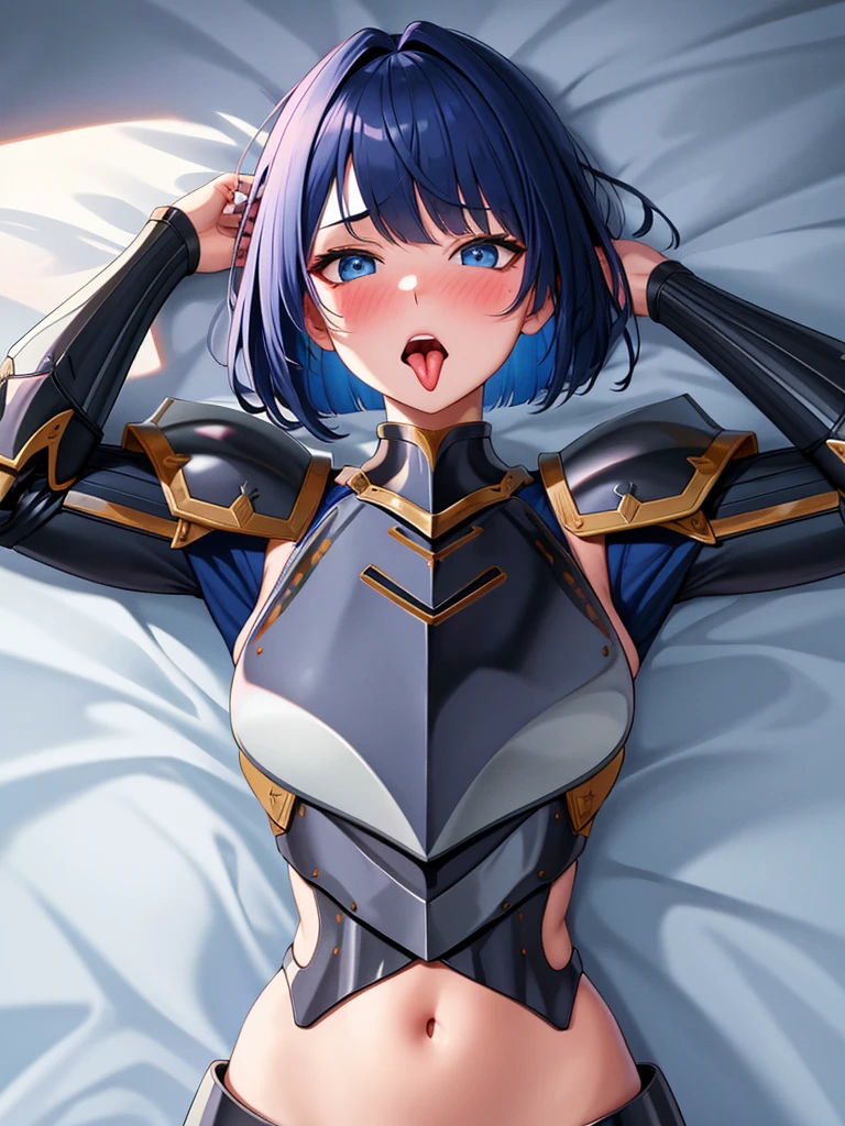 masterpiece, ultra-detailed, best quality, extremely detailed, 8k, high res, realistic, 1girl, 18yo, beautiful girl,(rolling eyes), (half closed eyes),(narrowed eyes:1.2),(open mouth), (tongue out:1.2),(blush:1.2),(armor:1.4),blue beautiful eyes, medium bob hair, asymmetrical parted bangs, (dark blue beautiful hair), navel exposed, cowboy shot,lie on one's back, looking at viewer,white background,