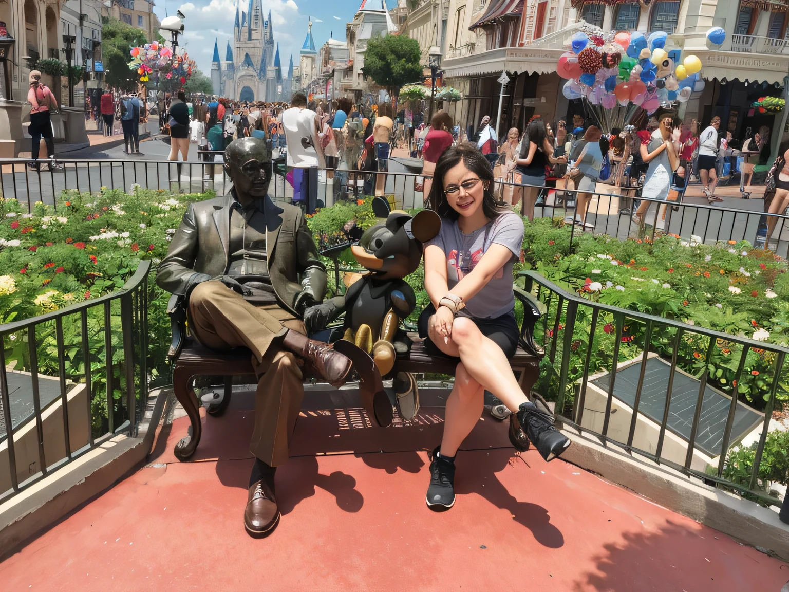 woman sitting on a cross-legged bench, perfect face next to a statue of Walt Disney, Mickey Mouse statue, Magic Kingdom, Disney World, Walt Disney World, at Disney, inspired by Walt Disney, USA-September 20, photo taken in 2018, Disney!!, Disney! !!!, Disney artist, Disney 8k photo, posing like a statue, Magic Kingdom, Disney Orlando in Florida. Test, highly realistic, reddish skin, beautiful, slightly full lips, red lipstick, feeling of lightness and joy, hyper-realism, very elaborate skin, direct look. Full body photo, clear and high quality photo. Beautiful woman, extremely sexy, very sensual. Masterpiece: 1.3, high resolution, (photographically realistic), 8k,