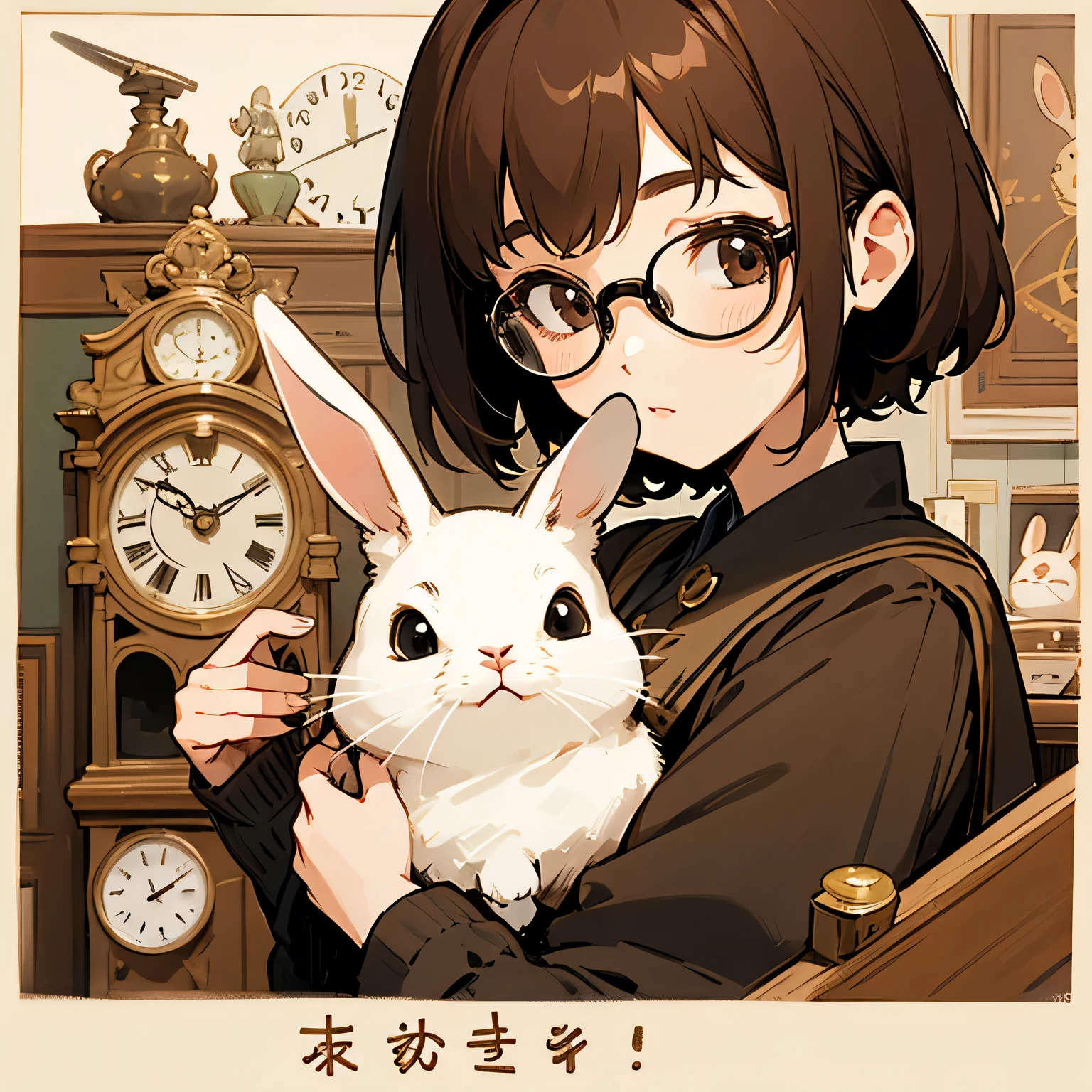 girl、Brown Hair、short hair、Glasses、clock、Rabbit