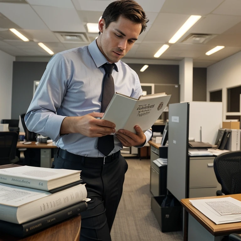 Generate a picture of a business person working in a very professional office on his book