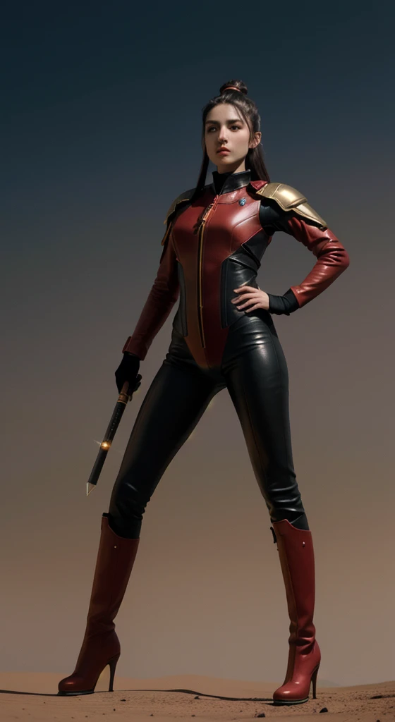 Beautiful female warrior of 20 years old, wearing tight red and black leather suit, long black leather high heel boots, holding long sword in the right hand, whole body from head to toe, on the Mars, ultra detailed face, topknot hair style, perfect body ratio, stars and nebular backgrounds, extraterrestrial, celestial, Martian, Cosmic, galactic,surface of Mars, hyperrealistic, chiaroscuro, volumetric lighting, ultra detailed, masterpiece, photorealistic, perfect contrast, perfect lighting, 8k resolution)