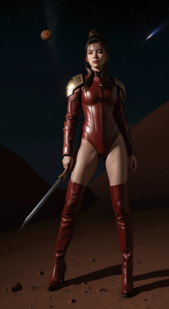 Beautiful female warrior of 20 years old, wearing tight red and black leather suit, long black leather high heel boots, holding long sword in the right hand, whole body from head to toe, on the Mars, ultra detailed face, topknot hair style, perfect body ratio, stars and nebular backgrounds, extraterrestrial, celestial, Martian, Cosmic, galactic,surface of Mars, hyperrealistic, chiaroscuro, volumetric lighting, ultra detailed, masterpiece, photorealistic, perfect contrast, perfect lighting, 8k resolution)