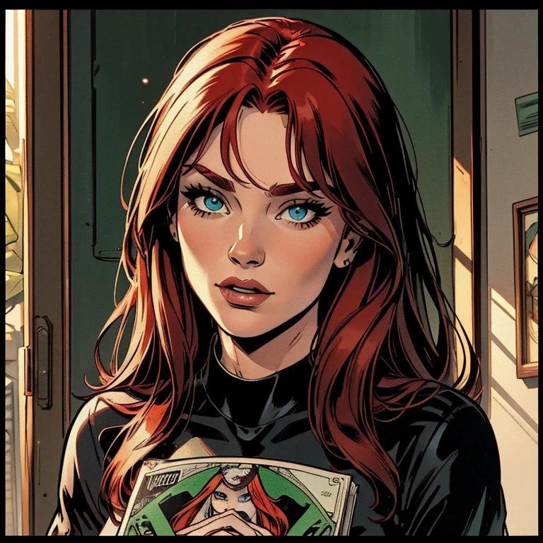 Draw a beautiful white redhead woman, she is wearing a black shirt, she has a long red hair with a long fringe, she has beautiful eyes with green iris, her face is pretty, very beutiful, high resolution, 4k, 8k, masterpiece, high detailed, american comic book style image