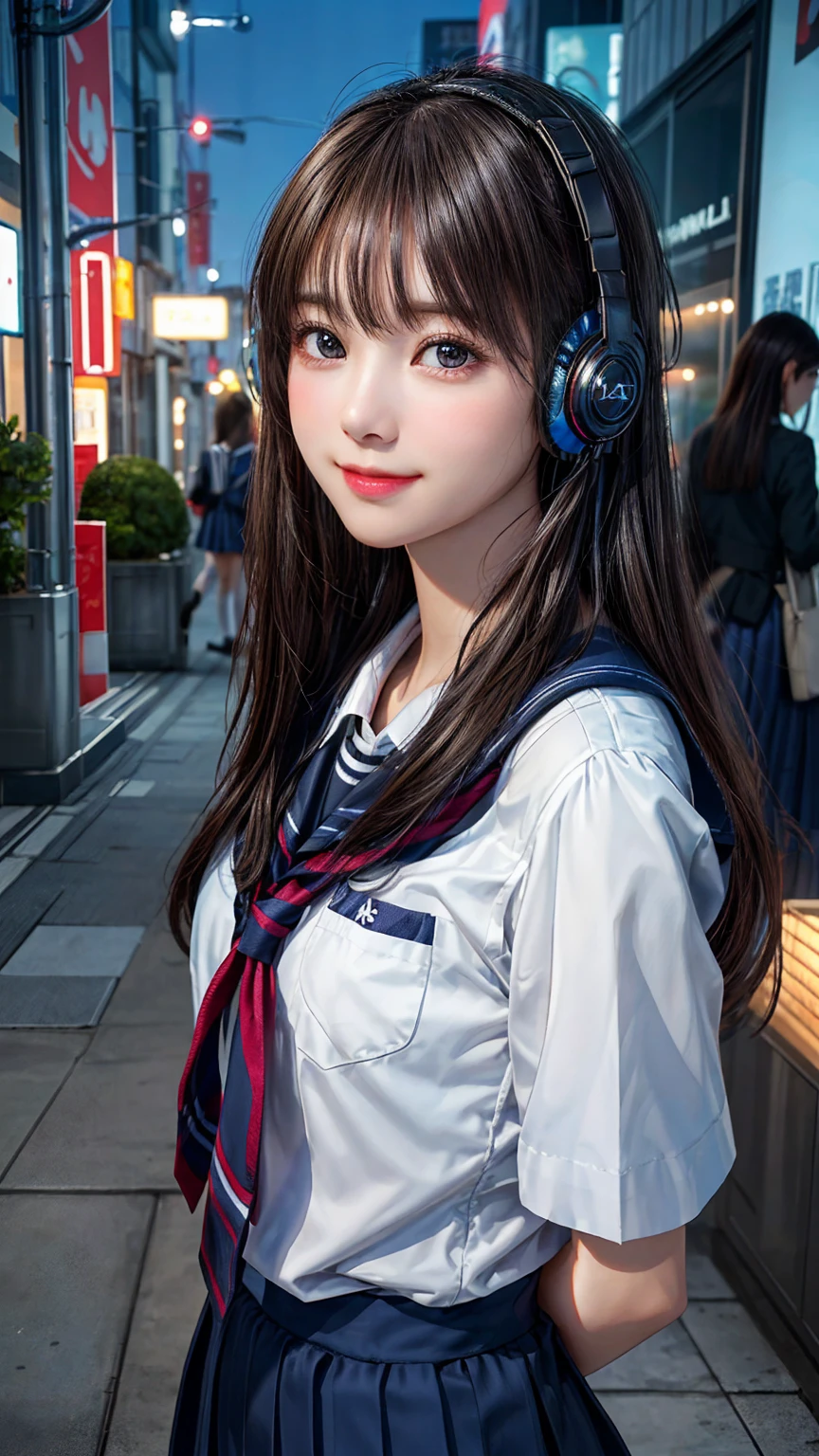 (Two Girls:1.4), very cute, Great face and eyes、Beautiful lovely smile), (Very detailed美しい顔), bright shining lips, (Headphones、school uniform:1.3), (highest quality:1.4), (super high quality), (Very detailed), (Surreal, Photorealistic:1.37), Real skin texture, Intricate details, Very detailed CG 統合 8k 壁紙, RAW Photos, Professional photography, Cinema Lighting, Expose、Within Tokyo、Late Night、chill out、City Pop