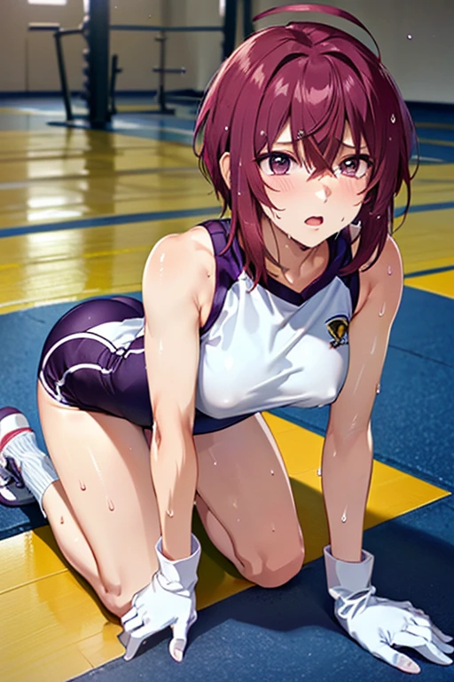 (8K、top-quality、masterpiece:1.2)、(realisitic、ultra-detailliert、超A high resolution,beautifull detailed face,perfect body,perfect lighting,constriction,beautiful detailed skin,skin texture,(1girl), bodysuits,white,sleeveless, bare arms,fighting gloves,erect nipples,cameltoe,short hair, ahoge, red hair, purple eyes, purple hair, , (all fours on floor at the gymnasium,sweat:1.5,tired:1.5)