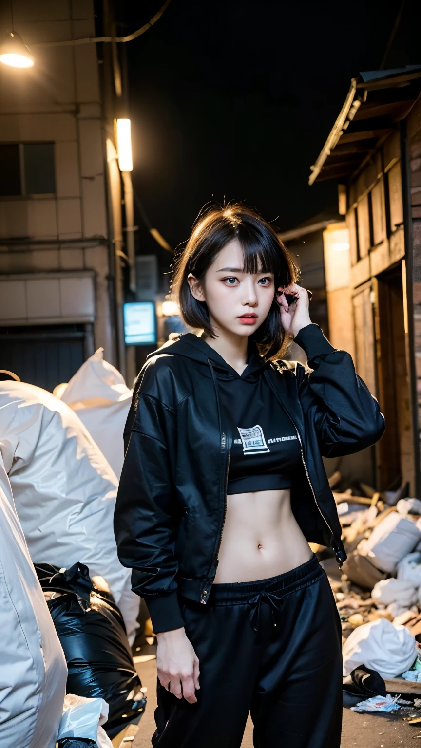 18-year-old,Korean women,(((Slums))),,((( in a destroyed city))),(((Frowning,カメラをGlaring))),((((Rubble pile))),Very fine eye, junk,(((Wearing a long black hoodie,Wearing baggy pants))),(((Collapsing Building))),(((old buildings))),((photograph)),((A woman near a garbage dump)),(((Fabric Shading))), (((highest quality))), (((masterpiece))) strong girl, ((((Realistic)))),,Black Hair, chic hairstyle, ((With bangs,Straight medium bob cut, nice hair)), Light makeup,Red eyes, (((I&#39;m not wearing lipstick))), (nice, strong), (((Strong night atmosphere))), Centered Images, Looking at the camera, Elegant colors,Realistic Skin,Realistic texture,８k,whole body,Pale skin, (((Dirty garbage dump))),A huge amount of trash,Red iris,Expressionless,Glaring,Perfect Face,(((Big eyes))),She is wearing wide black baggy pants,Mouth closed, portrait of aespaのウィンター,She is wearing black streetwear, Woman in black streetwear, 黒いハイテクな服を着た女性のphotograph, Girl wearing black hoodie, Cyberpunk Streetwear, Cyberpunk Streetwear street fashion e-girl,