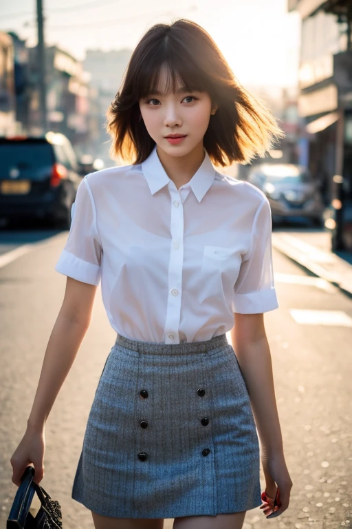 an Asian girl, 20 years old, extremely beautiful and graceful, dressed in early 2024 fashion, wearing beautiful and expensive jewelry, thin and see-through shirt, super short skirt, sexy body, quality 8K, super sharp, super detailed, bright sunlight shining on the girl's body. Pure morning hazy street landscape with bright sunlight.