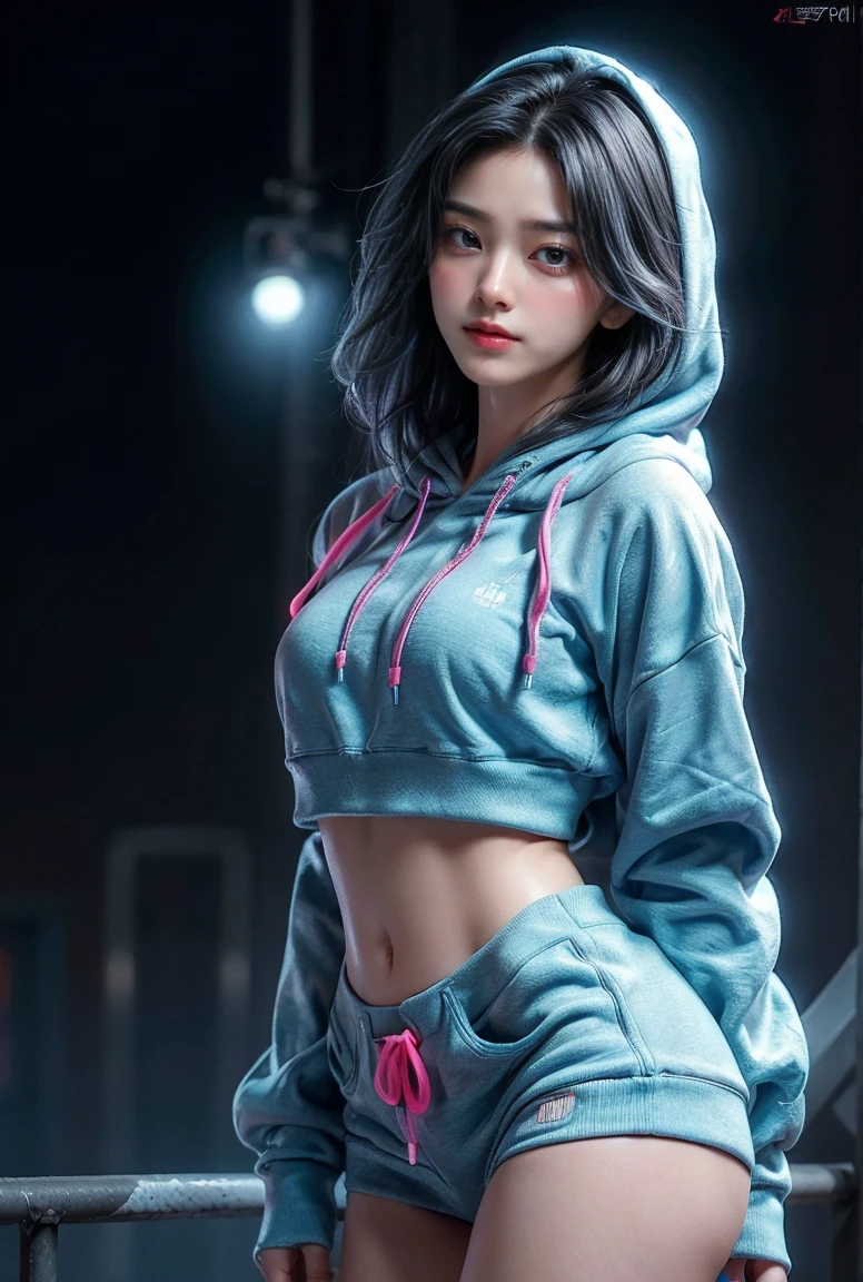 ((masterpiece, highest quality, Highest image quality, High resolution, photorealistic, Raw photo, 8K)), Ultra Wide Angle, girl, (Lower bust:1.4),Large breasts droop、(ssmile:1.5)，Colored inner hair,Long gray hair:1.5,Long unkempt hair:1.35,cabelos preto e longos,Complex hairstyles,(((neon_blue_There are eyes:1.3))),complex eyes,Beautiful and delicate eyes,symetric eye)),(spider lower abdomen,Willow waist,Wide hips,athletic body build,inflatable legs,Detailed body), Cute big breasts,'s,((((cropped hoodie,)))), (dynamicposes:1.0),Just focus,Embarrassing,(Located in the center,Scale to fit the dimensions,the rule of thirds), Neon lights are particularly eye-catching, very bright neon light,during night, star night, kosmos, artsy photography,(Photos taken by sldr),A high resolution, Focus sharp, (realistic artwork:1.37),(extremely detaild's CG unified 8k wallpapers),((Synthetic wave background theme)),(((vibrant with colors))),iintricate,(intricate background),(tmasterpiece),(Best quality at best),It's a perfect face,Perfect facial detail,Realistic face,Live photos,analogue style,((Complicated details)),(((actual))),