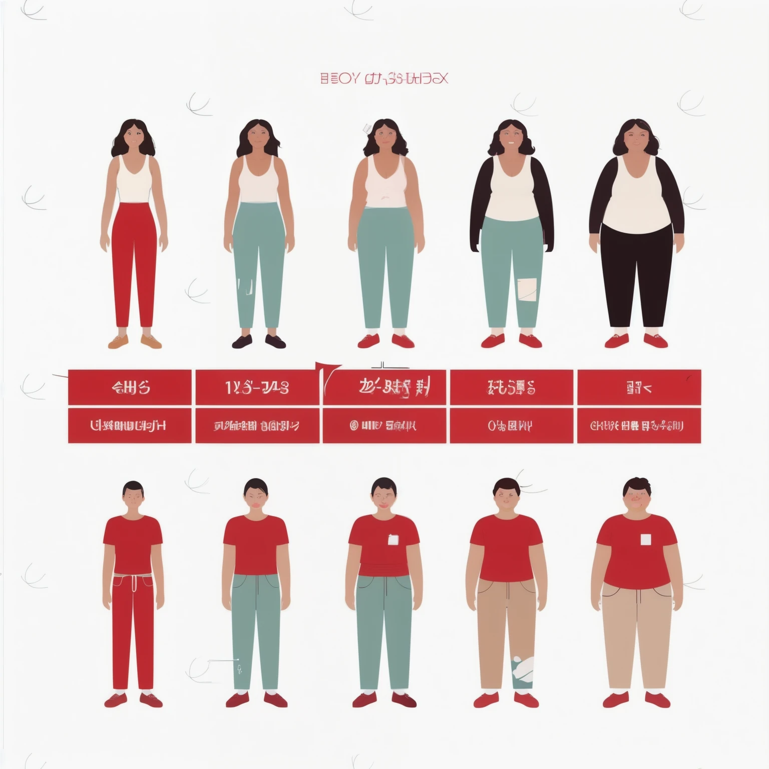 (high quality, ultra detailed:1.2), CG, women with varying degrees of obesity, flat illustration style, white background, red upper body, lower body, hidden figures and indices