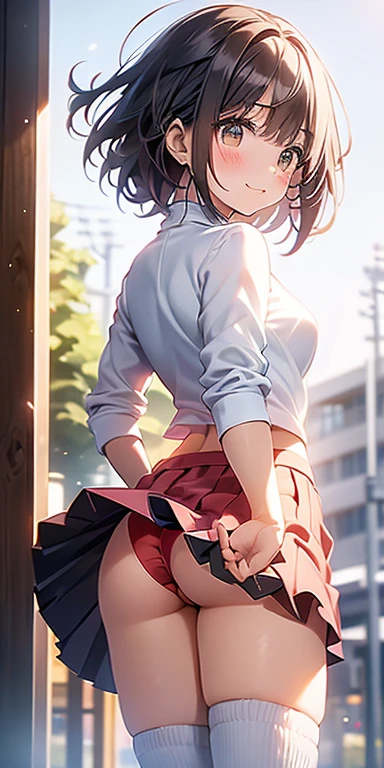 One Girl、blush、Embarrassed look、Perfect Anatomy、Short Bob、Small breasts、(((turtleneck、skirt、Black knee socks)))、((Hair tousled by the wind、Messy Hair、Broken hairstyle))、(((The wind flips my skirt:1.3、Red panties、Cute ass)))、Pay attention to the butt、Professional Lighting, Film Grain, chromatic aberration, (Eye and facial details:1.0), (Bokeh:1.1)、software:1.5)))、 highest quality, 8k, 20talent , (Butt crack:1.4)